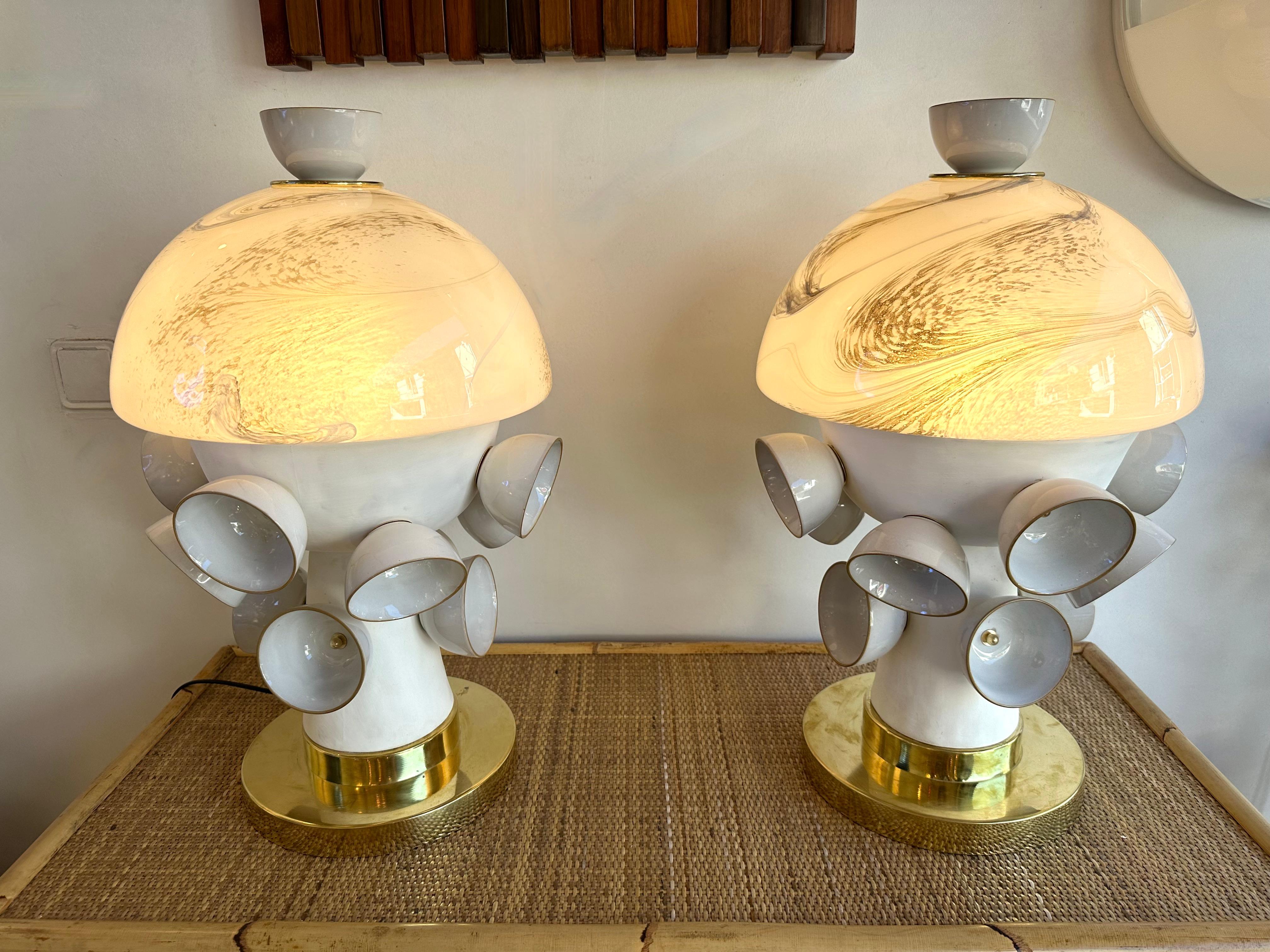 Contemporary Pair of Brass Murano Glass and Ceramic Mushroom Lamps, Italy For Sale 6