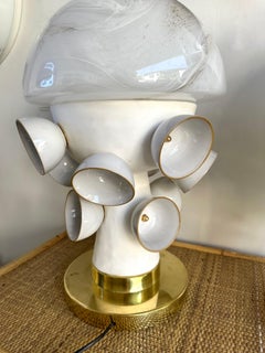 Contemporary Pair of Brass Murano Glass and Ceramic Mushroom Lamps, Italien