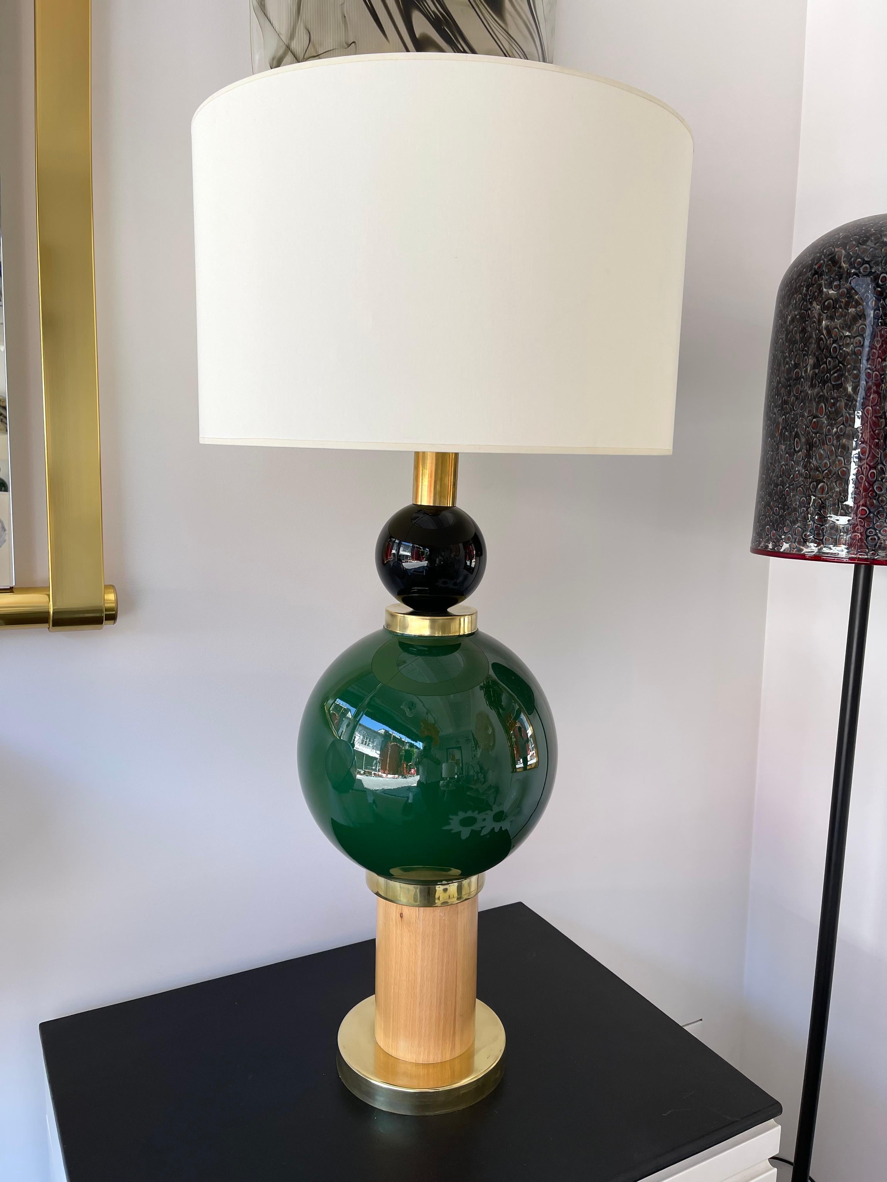 Italian Contemporary Pair of Brass Murano Glass and Wood Lamps, Italy For Sale