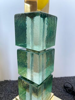 Contemporary Pair of Brass Murano Glass Cube Column Lamps, Italy