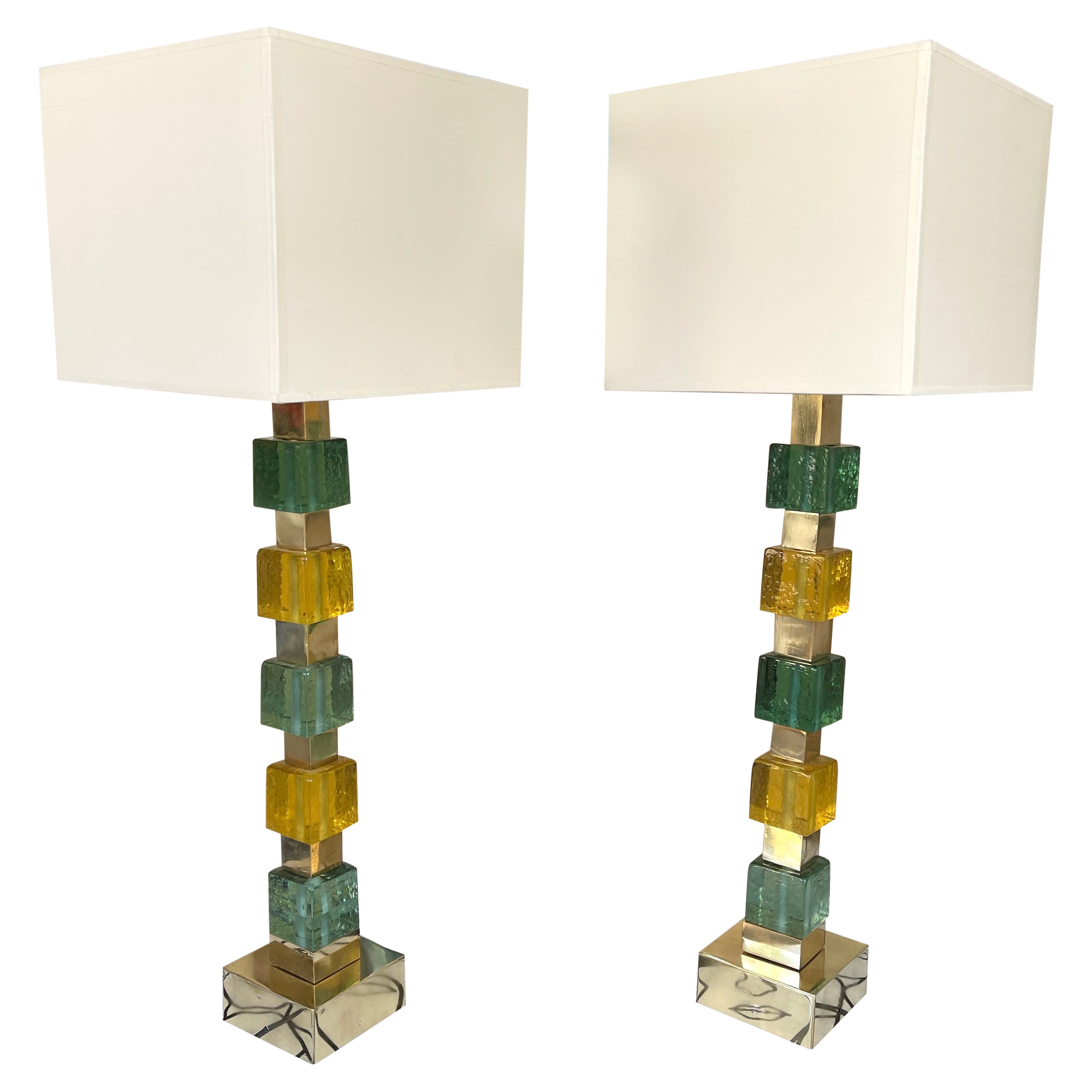 Contemporary Pair of Brass Murano Glass Cube Column Lamps, Italy