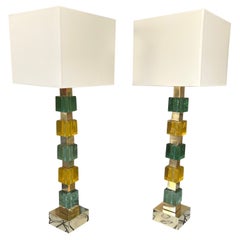 Contemporary Pair of Brass Murano Glass Cube Column Lamps, Italy