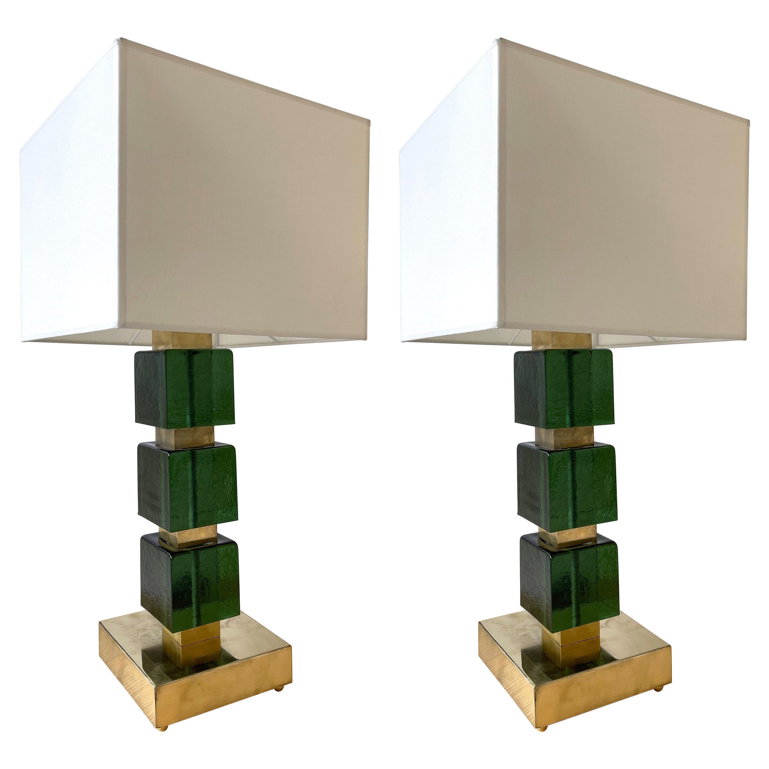 Contemporary Pair of Brass Murano Glass Cube Column Lamps, Italy
