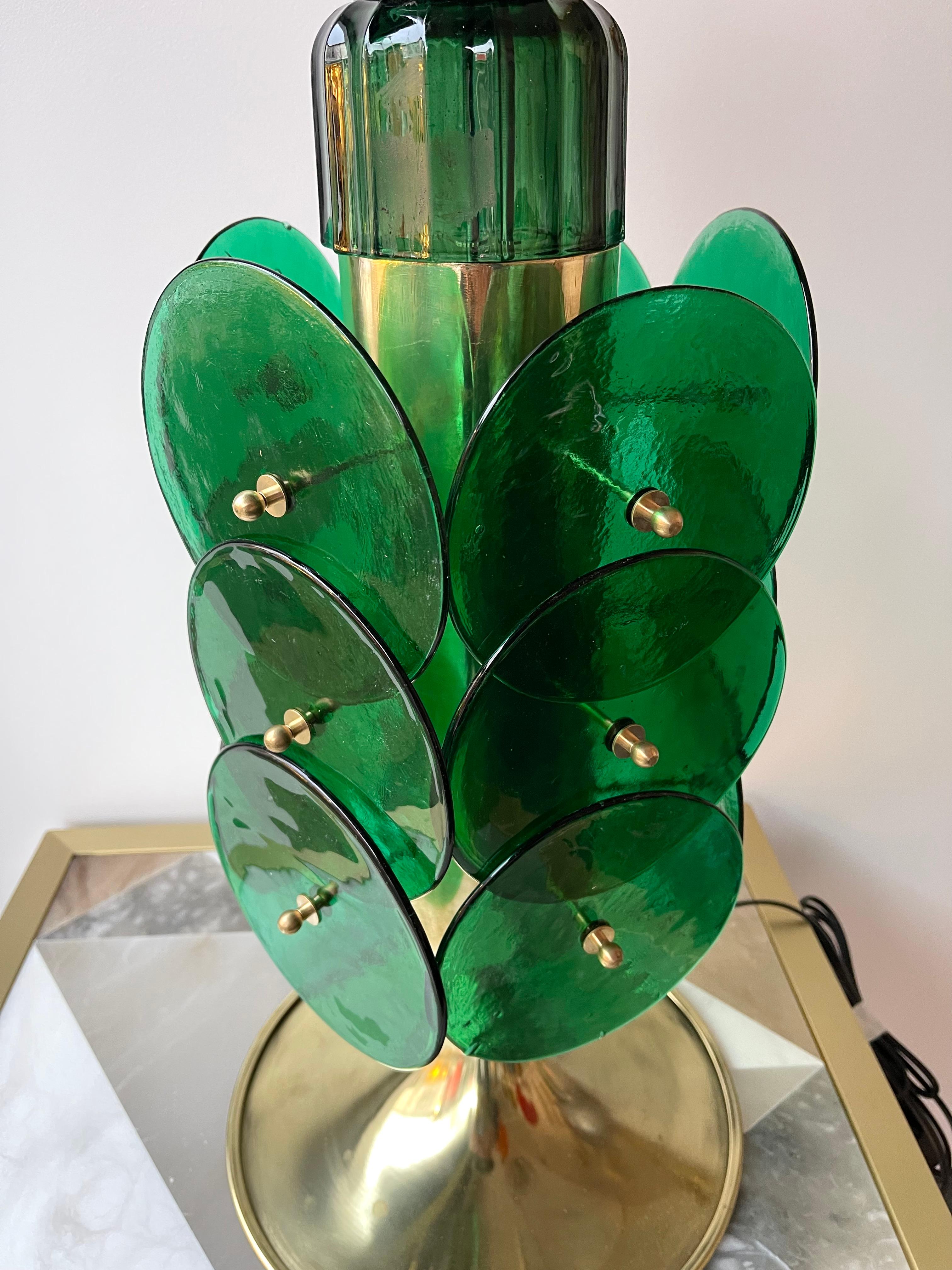 Contemporary Pair of Brass Murano Glass Disc Green Lamps, Italy For Sale 3