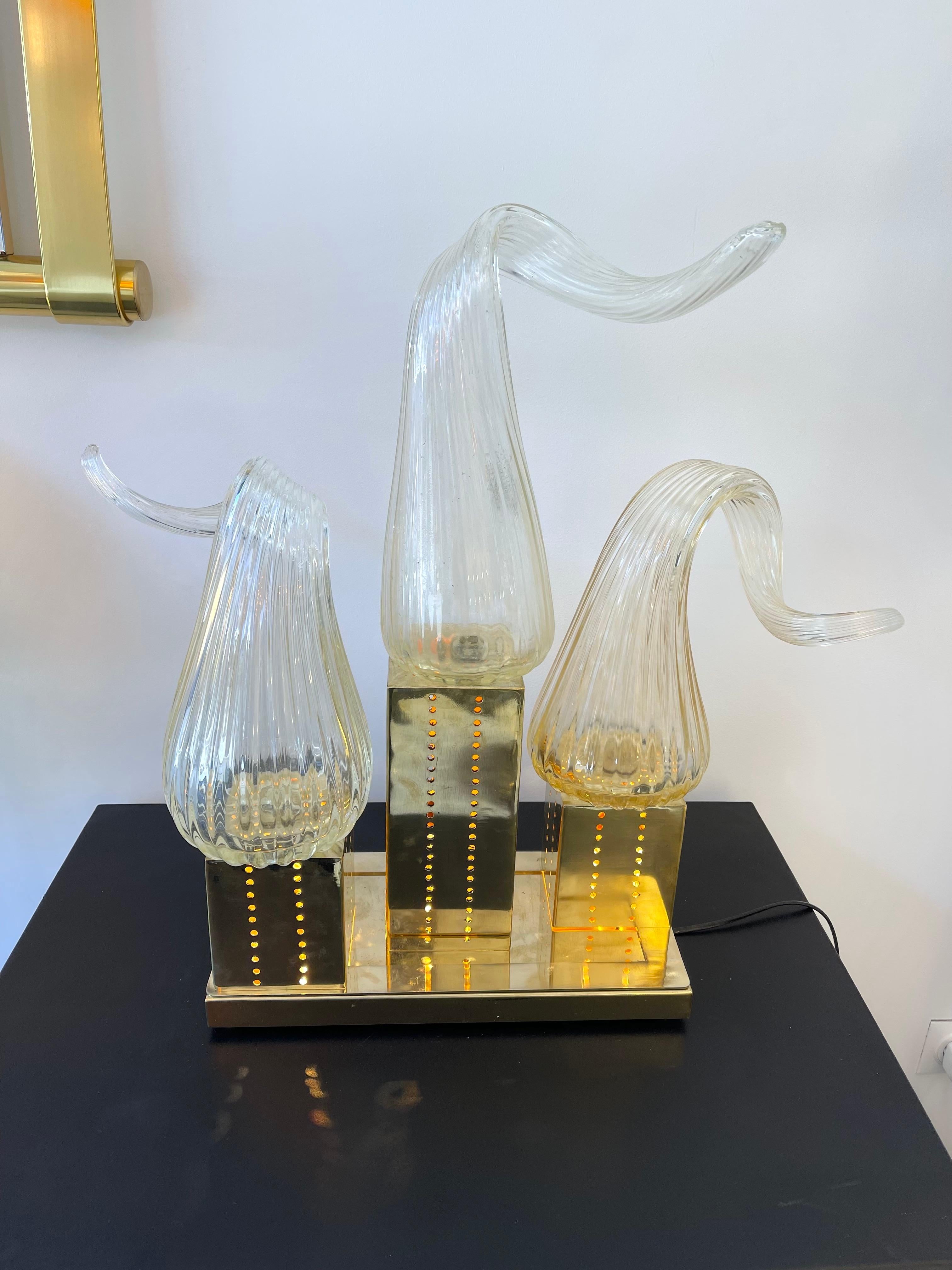 Contemporary Pair of Brass Murano Glass Flame Lamps, Italy For Sale 5
