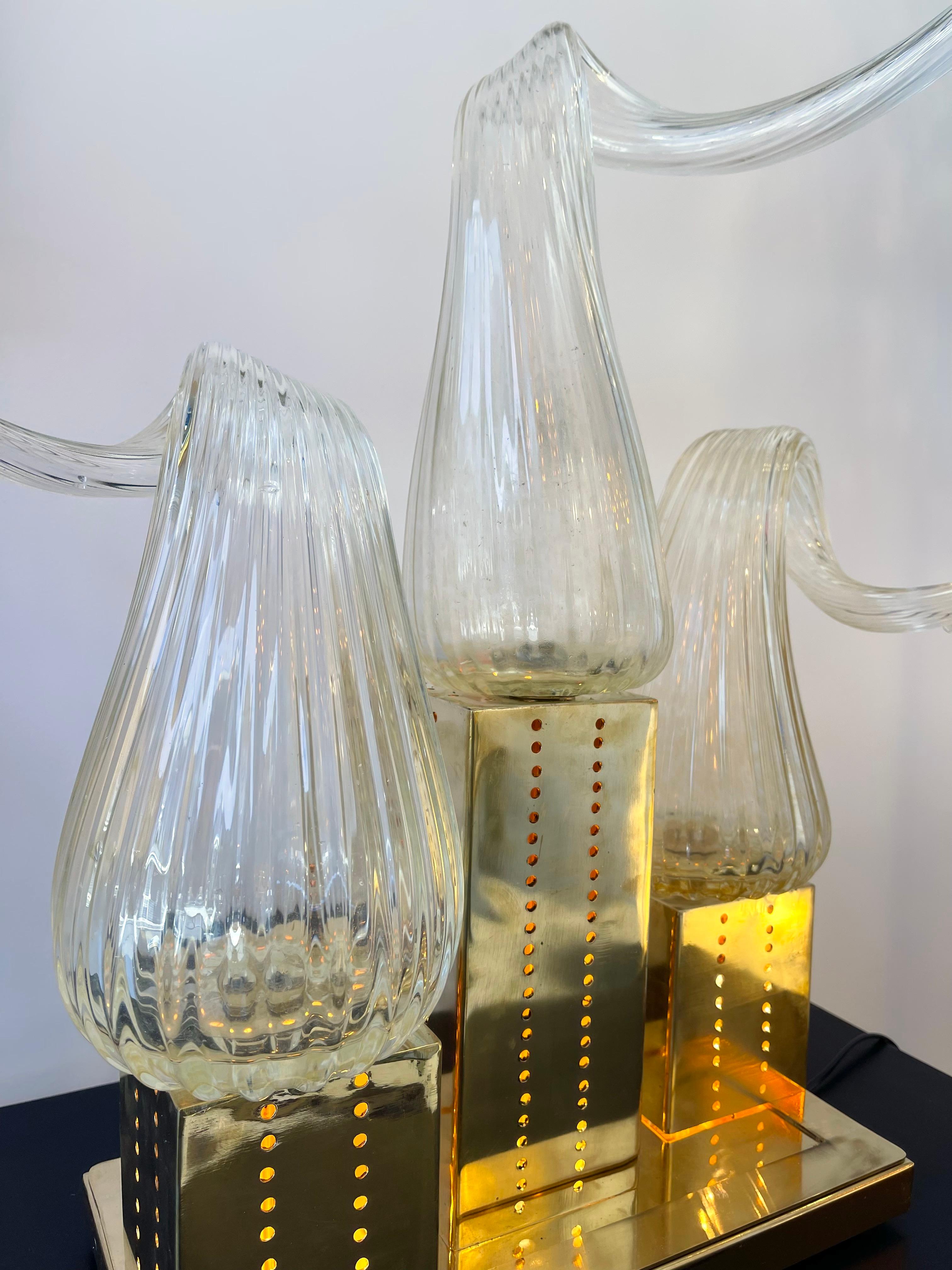 Paire de lampes à flamme contemporaines en laiton et verre de Murano, Italie en vente 7