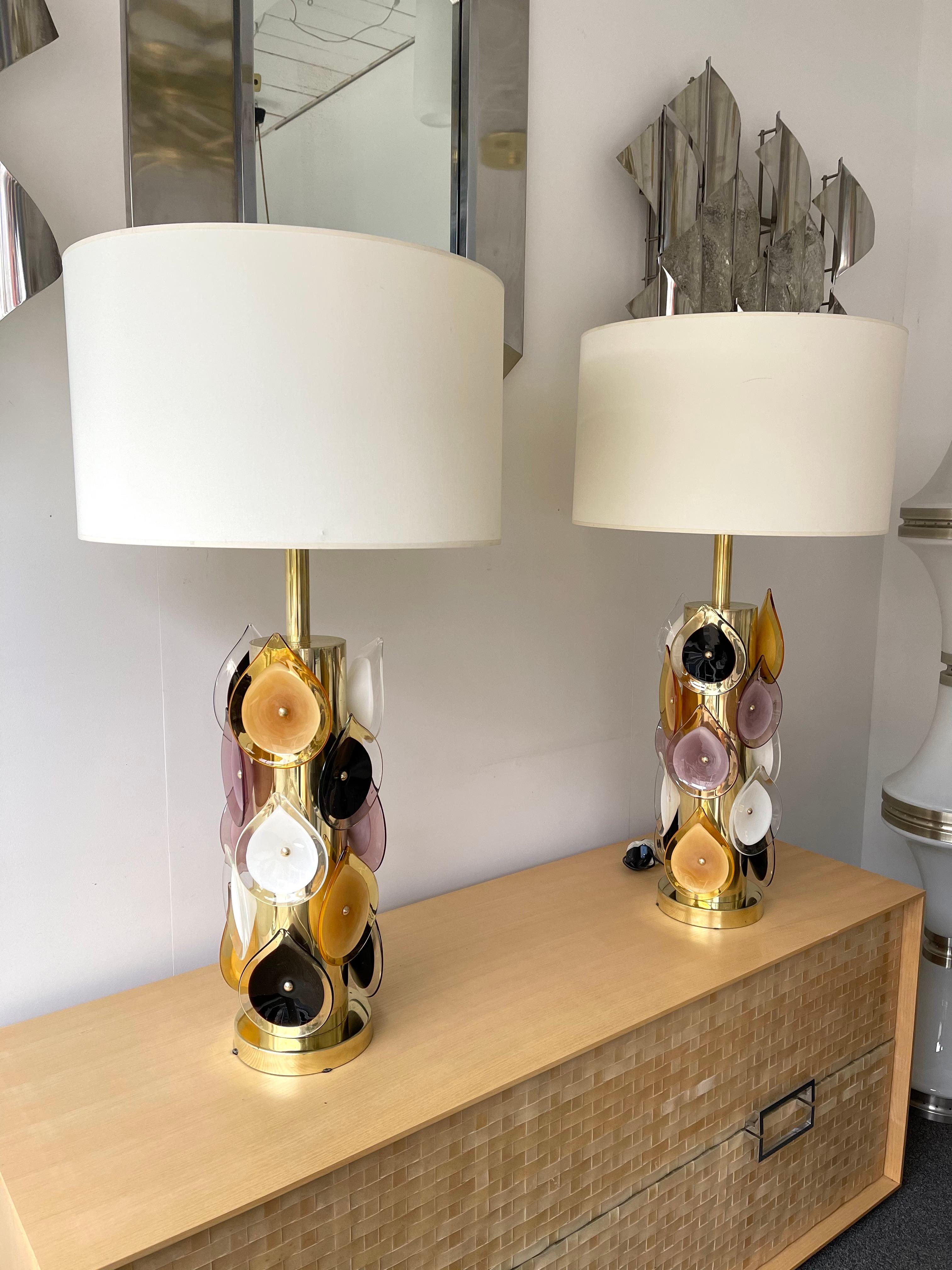 Contemporary Pair of Brass Murano Glass Flame Lamps, Italy In New Condition For Sale In SAINT-OUEN, FR