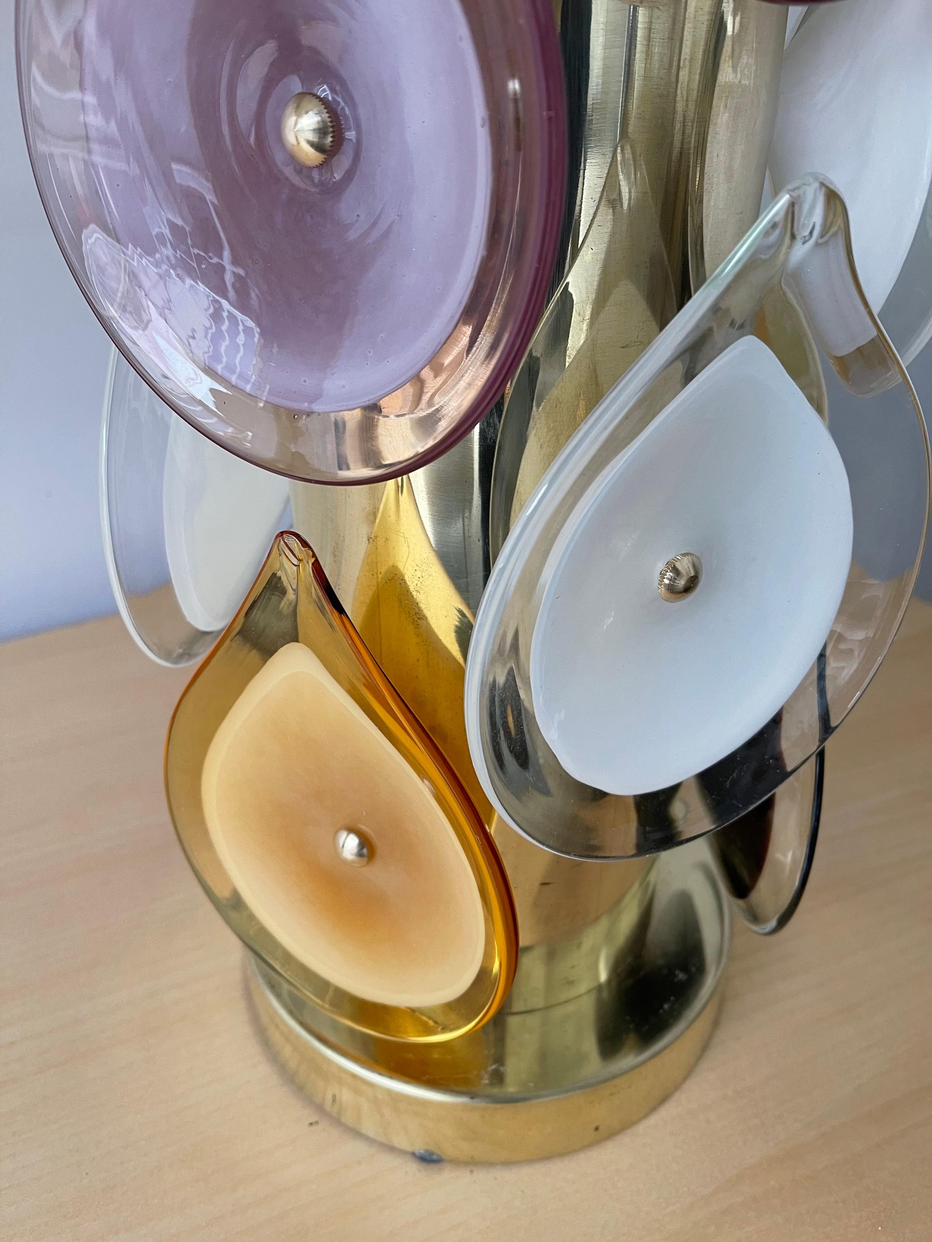 Contemporary Pair of Brass Murano Glass Flame Lamps, Italy For Sale 2