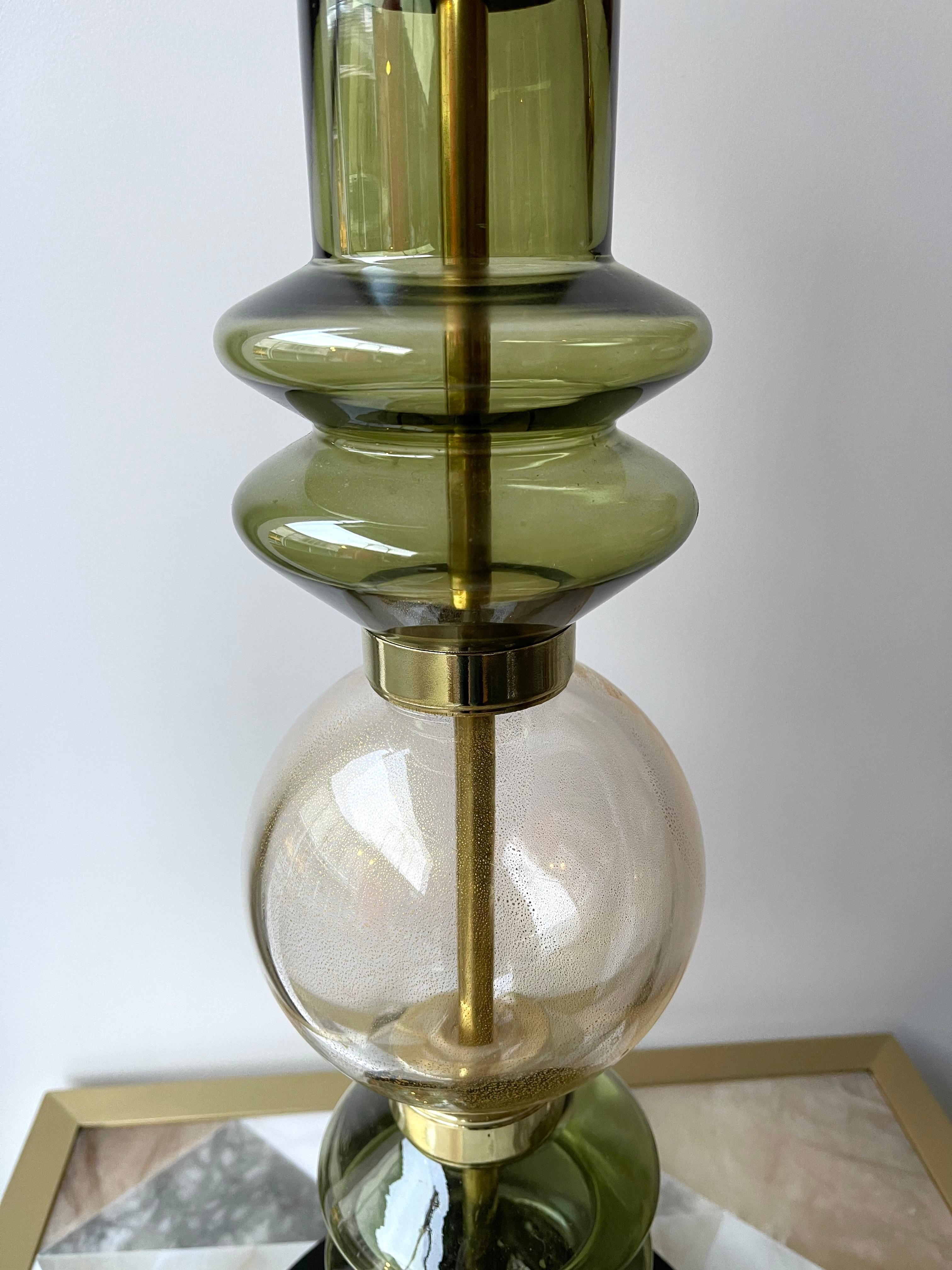 Contemporary Pair of Brass Murano Glass Lamps, Italy For Sale 3