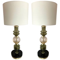 Paire de lampes contemporaines en laiton et verre de Murano, Italie