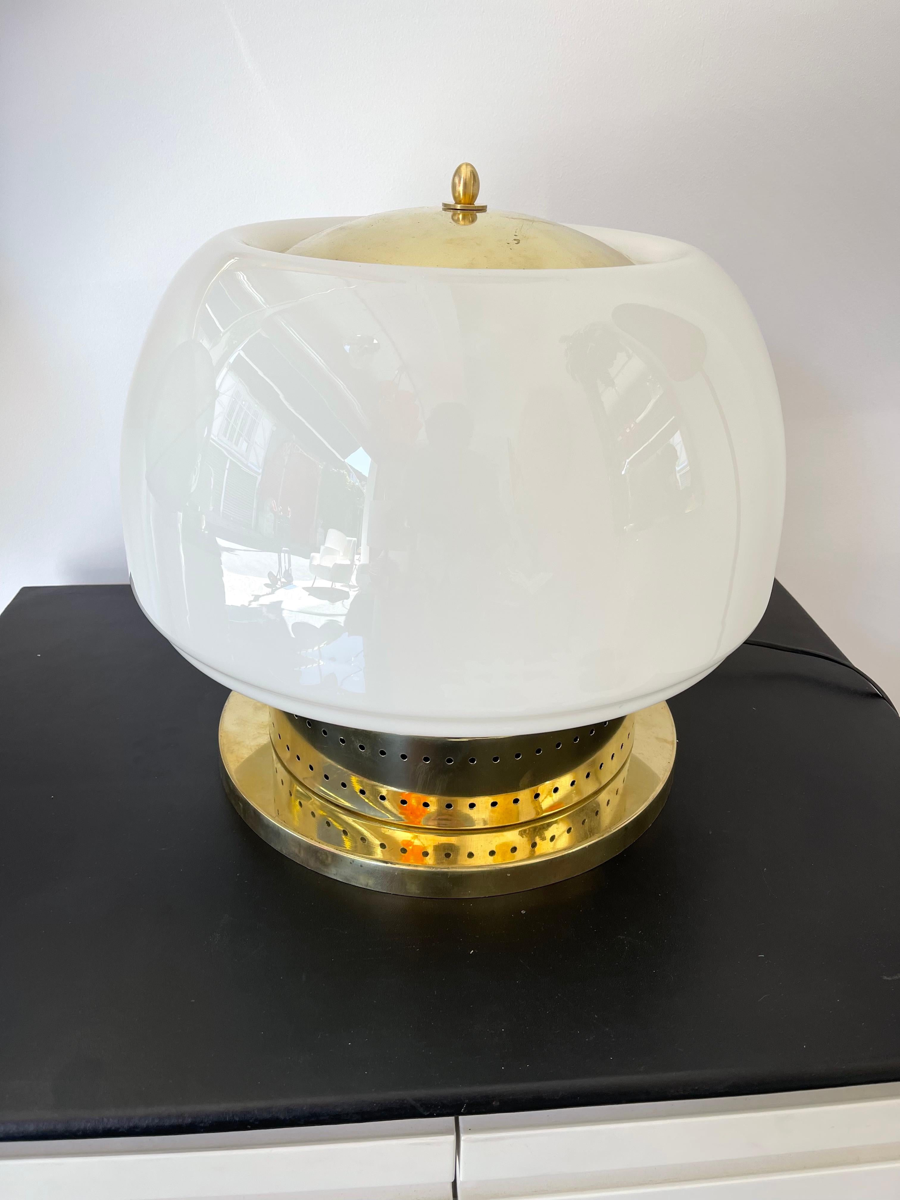 Mid-Century Modern Contemporary Pair of Brass Murano Glass Opaline Mushroom Lamps, Italy