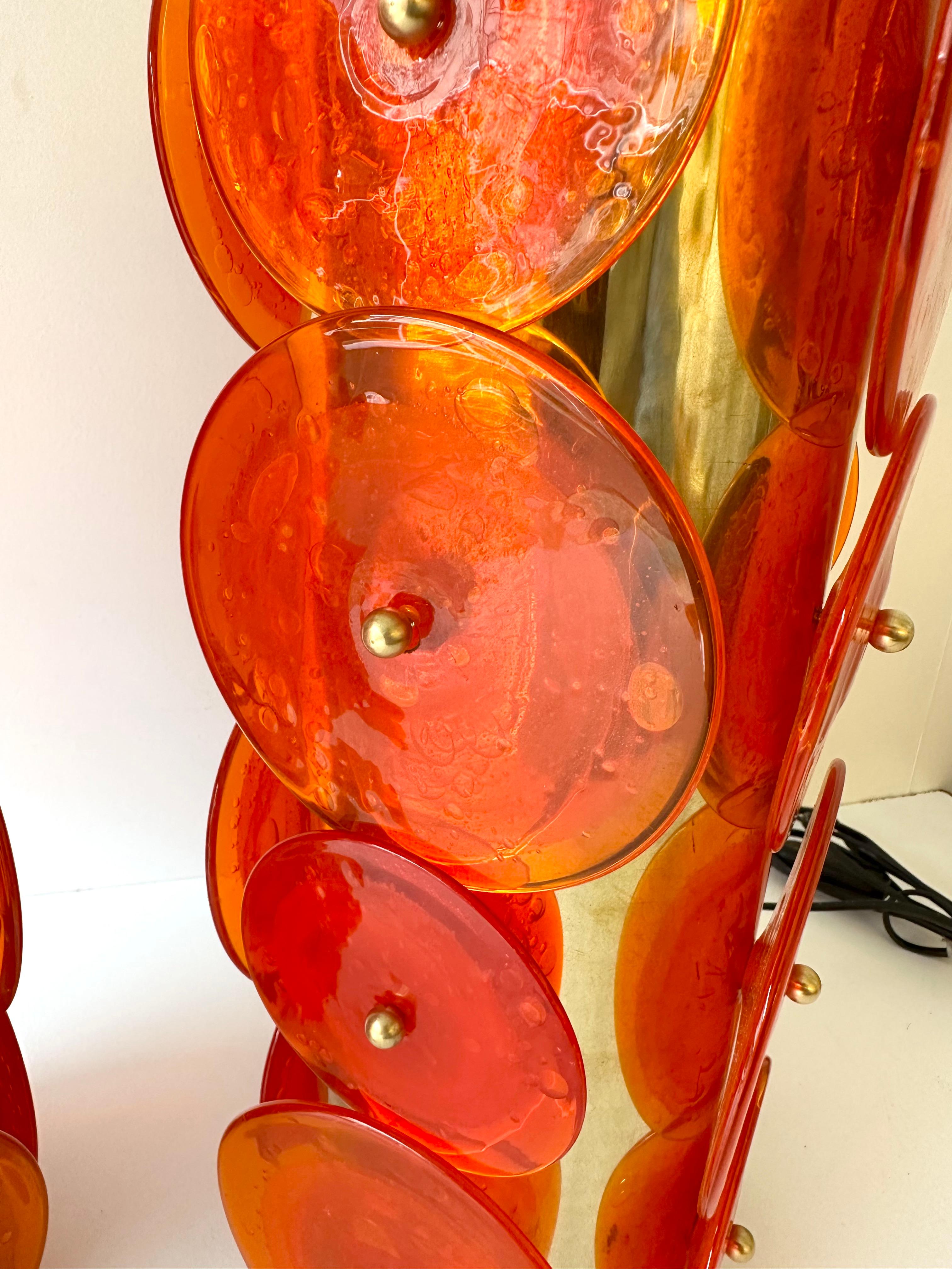 Contemporary Pair of Brass Murano Glass Orange Disc Lamps, Italy For Sale 5
