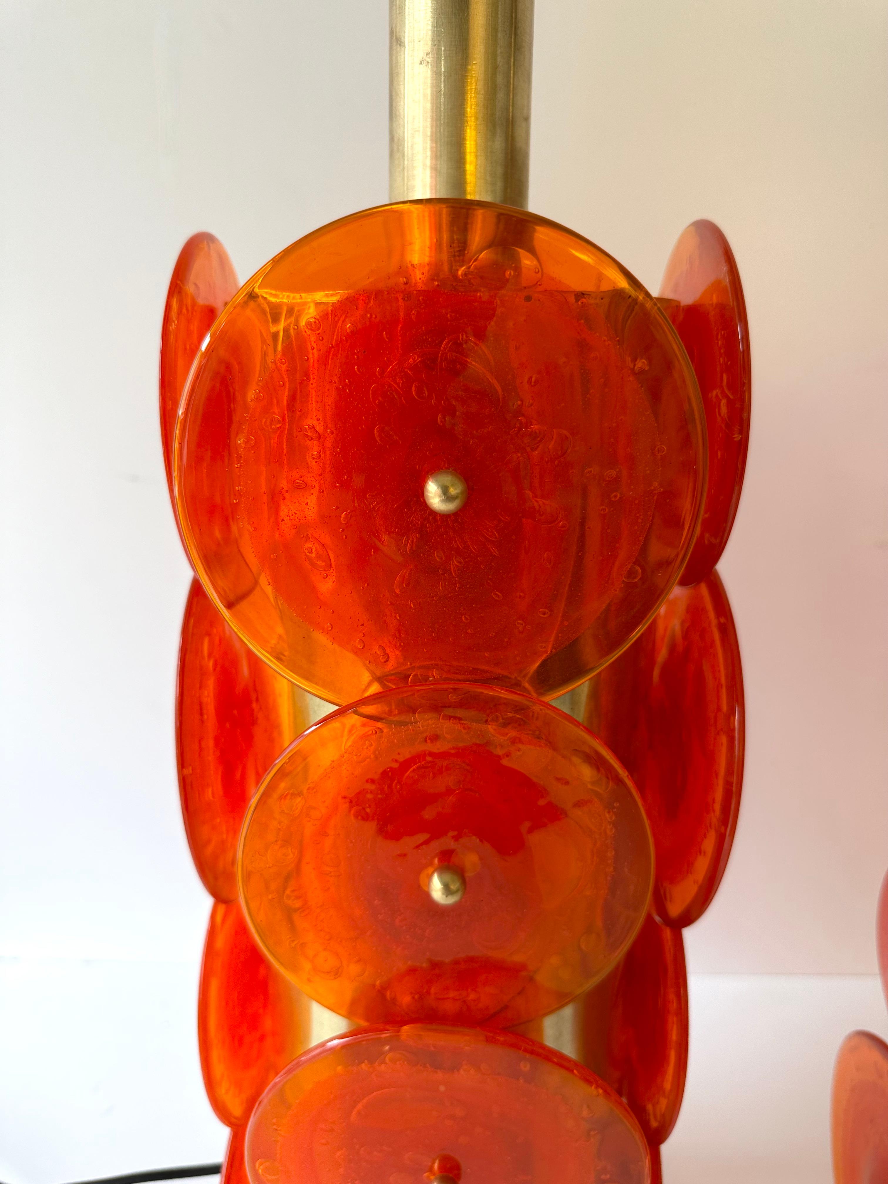 Italian Contemporary Pair of Brass Murano Glass Orange Disc Lamps, Italy For Sale