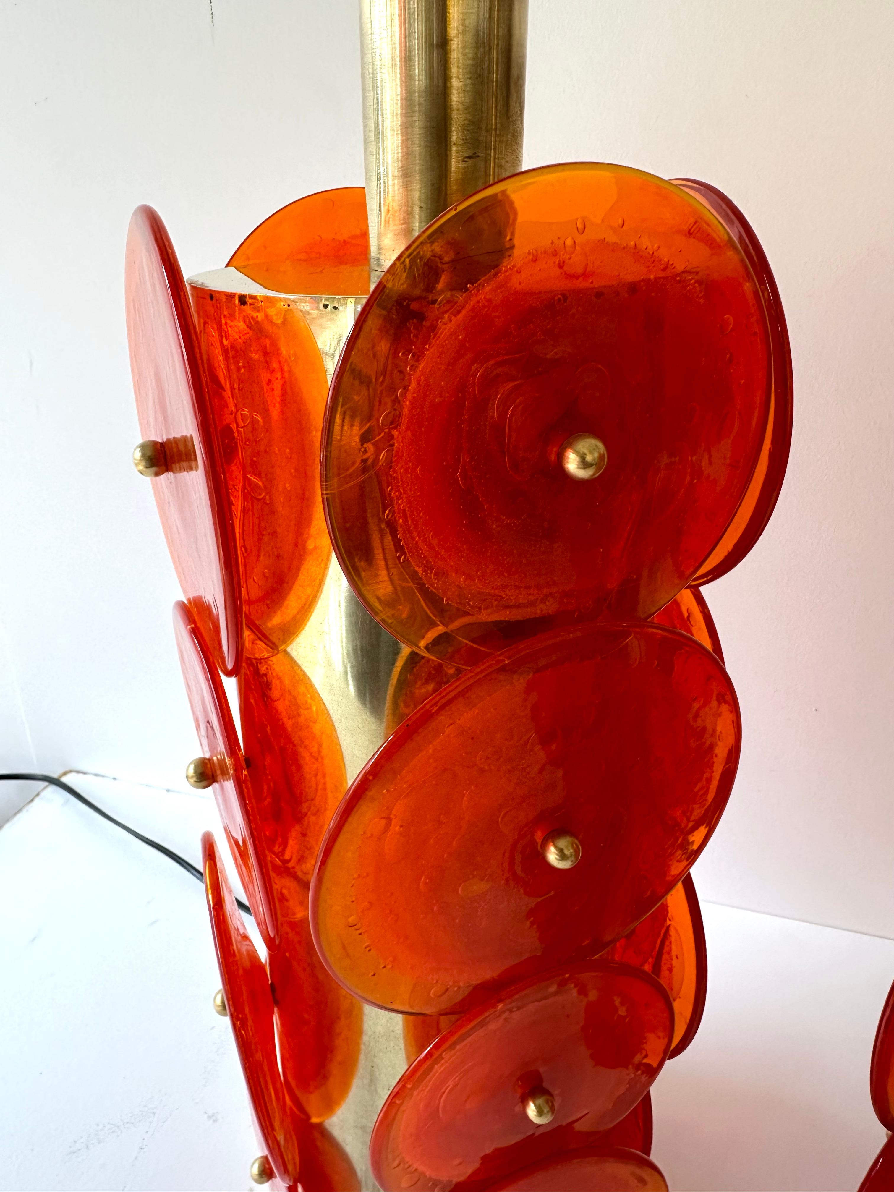 Contemporary Pair of Brass Murano Glass Orange Disc Lamps, Italy For Sale 2
