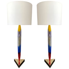 Contemporary Pair of Brass Murano Glass Plume Lamps, Italy