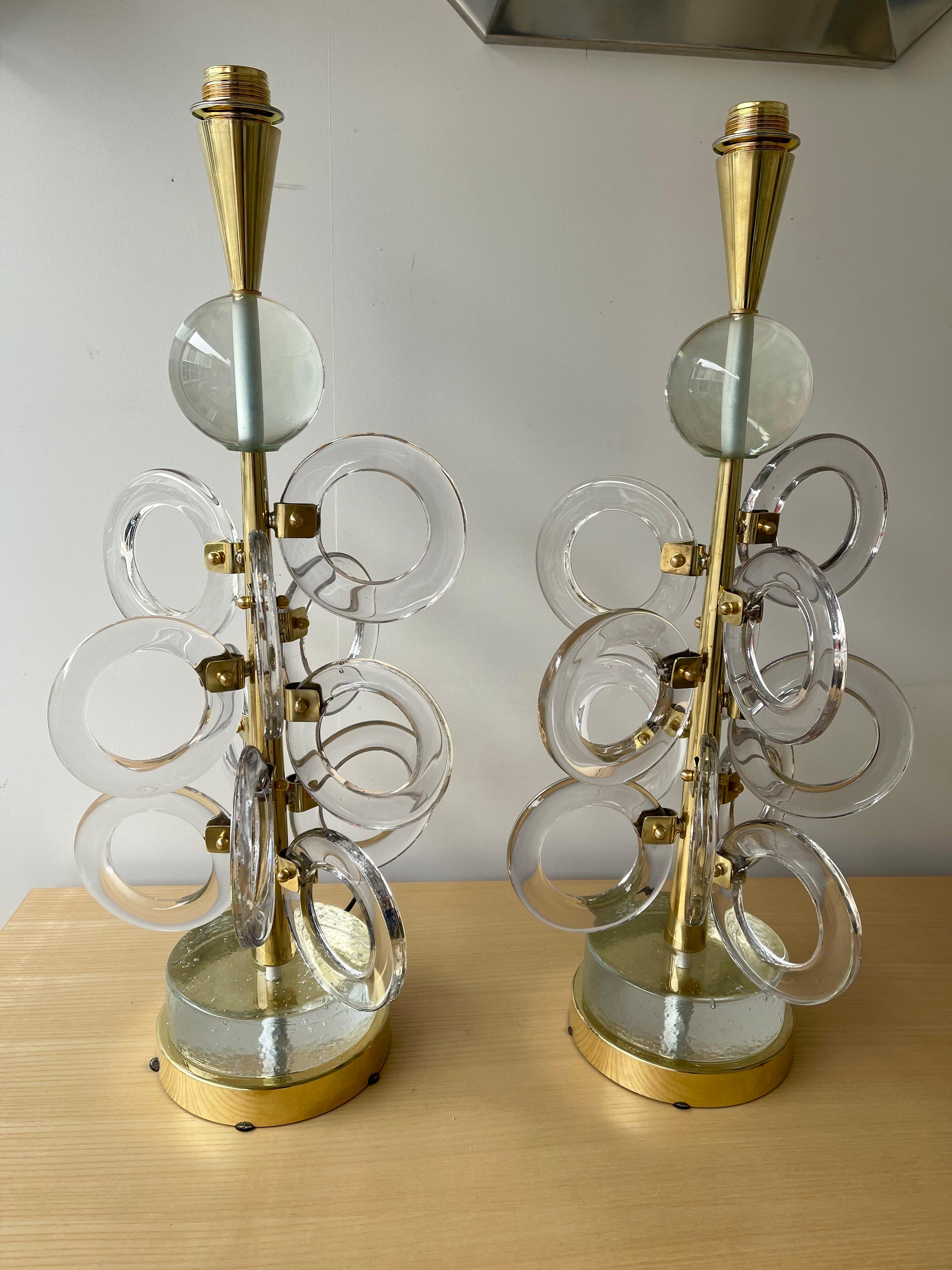 Contemporary Pair of Brass Murano Glass Sputnik Ring Lamps, Italy 7