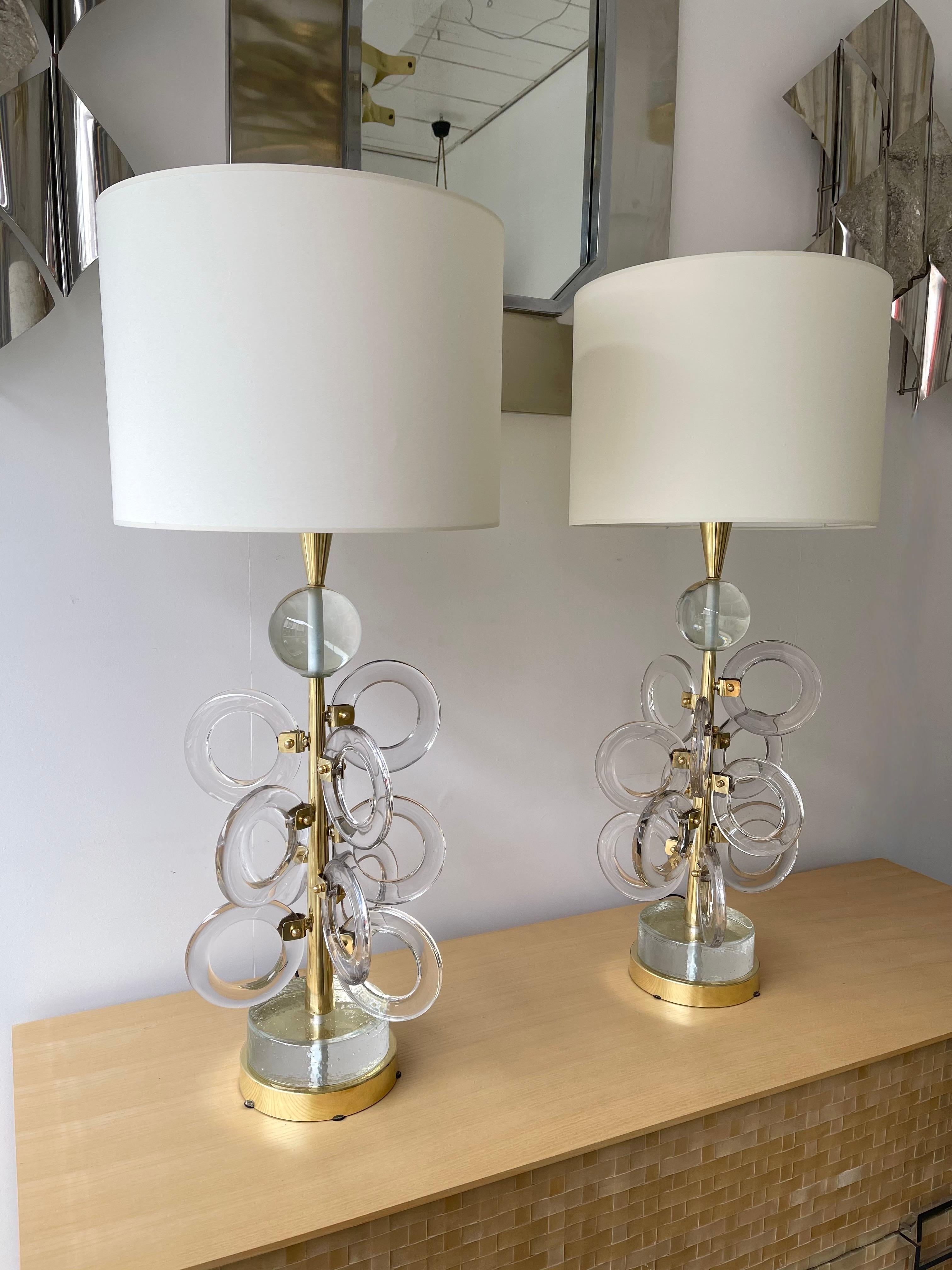 Mid-Century Modern Contemporary Pair of Brass Murano Glass Sputnik Ring Lamps, Italy