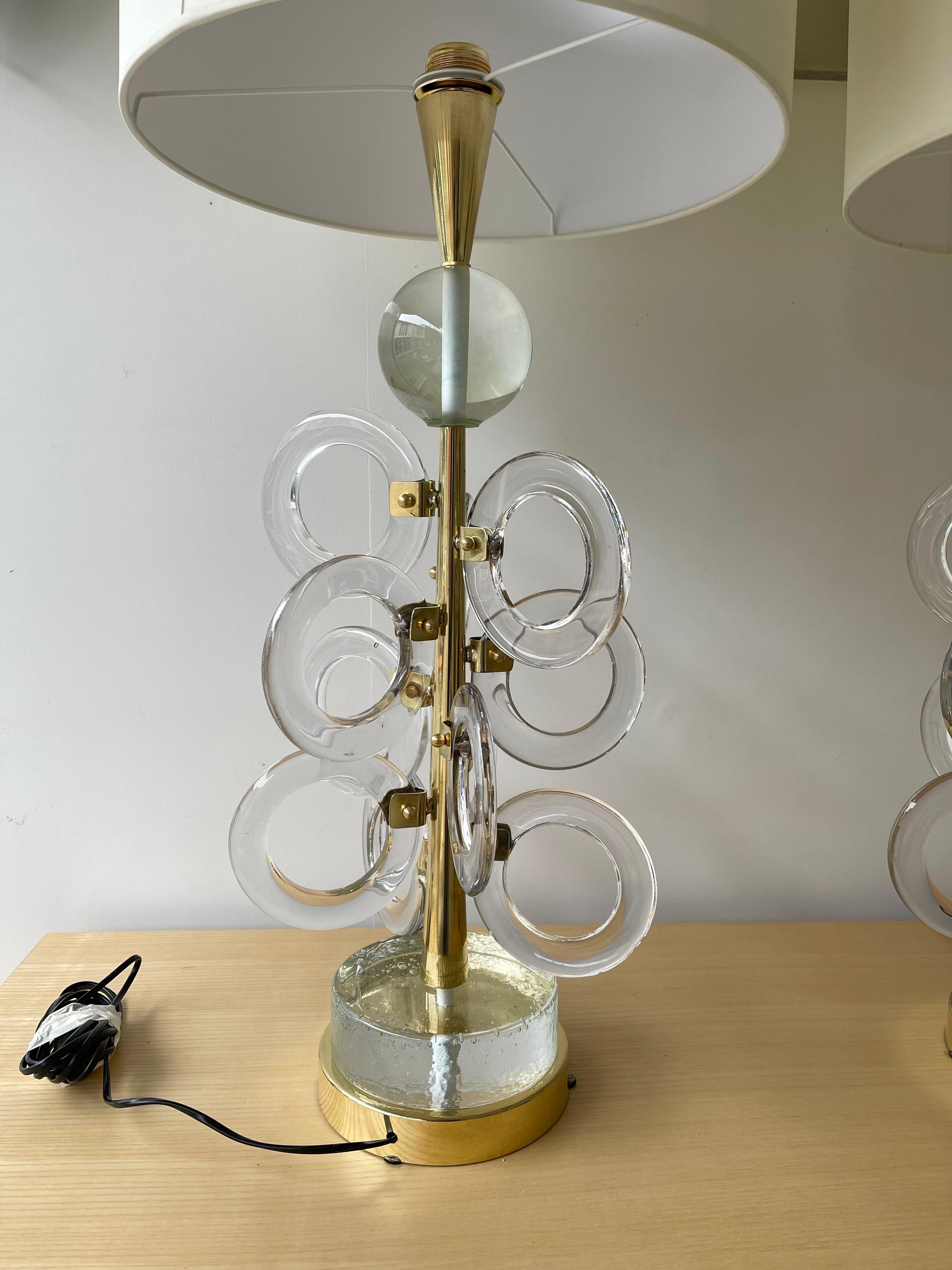 Contemporary Pair of Brass Murano Glass Sputnik Ring Lamps, Italy 4