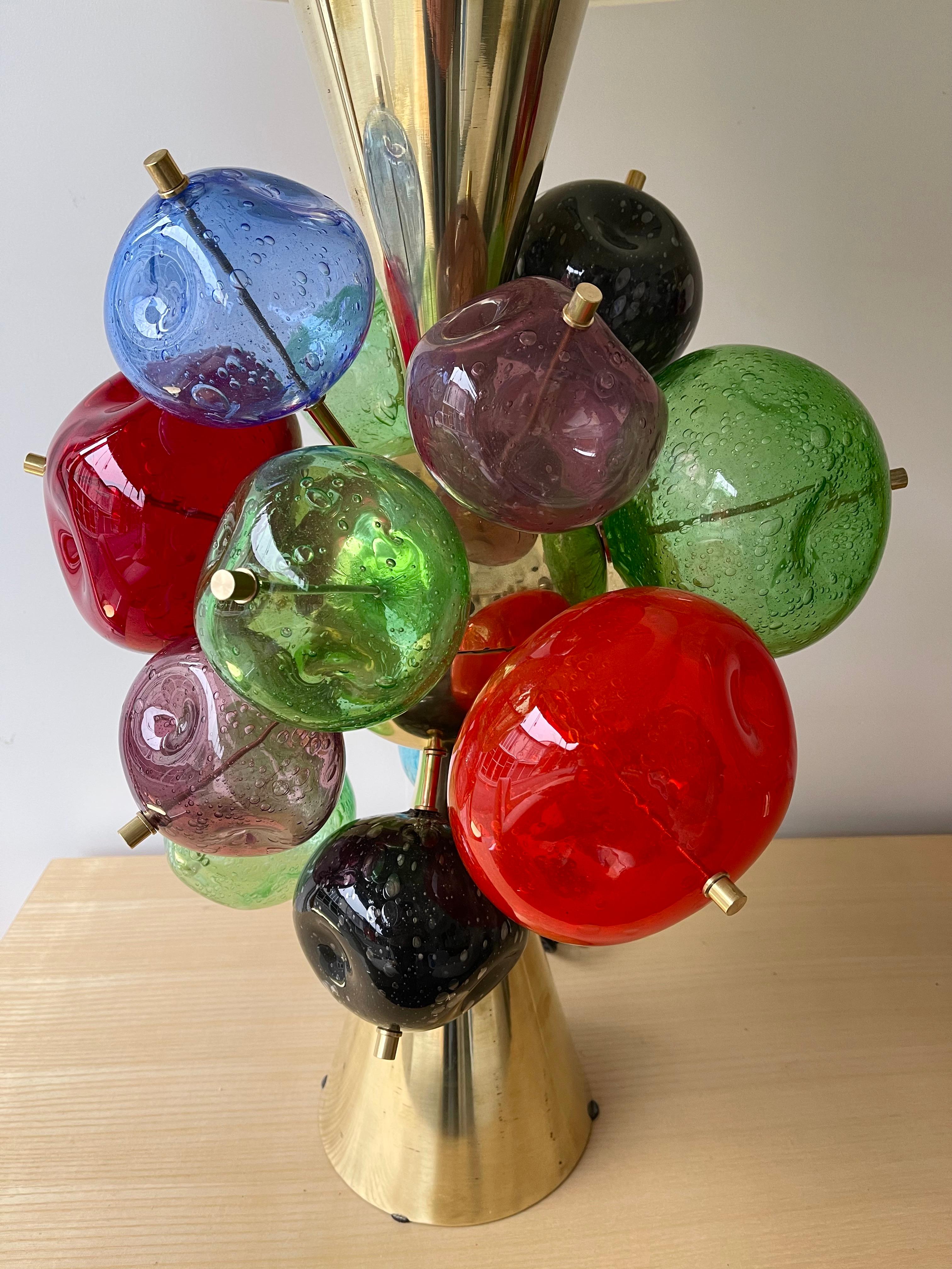 Italian Contemporary Pair of Brass Murano Glass Sputnik Tutti Frutti Lamps, Italy