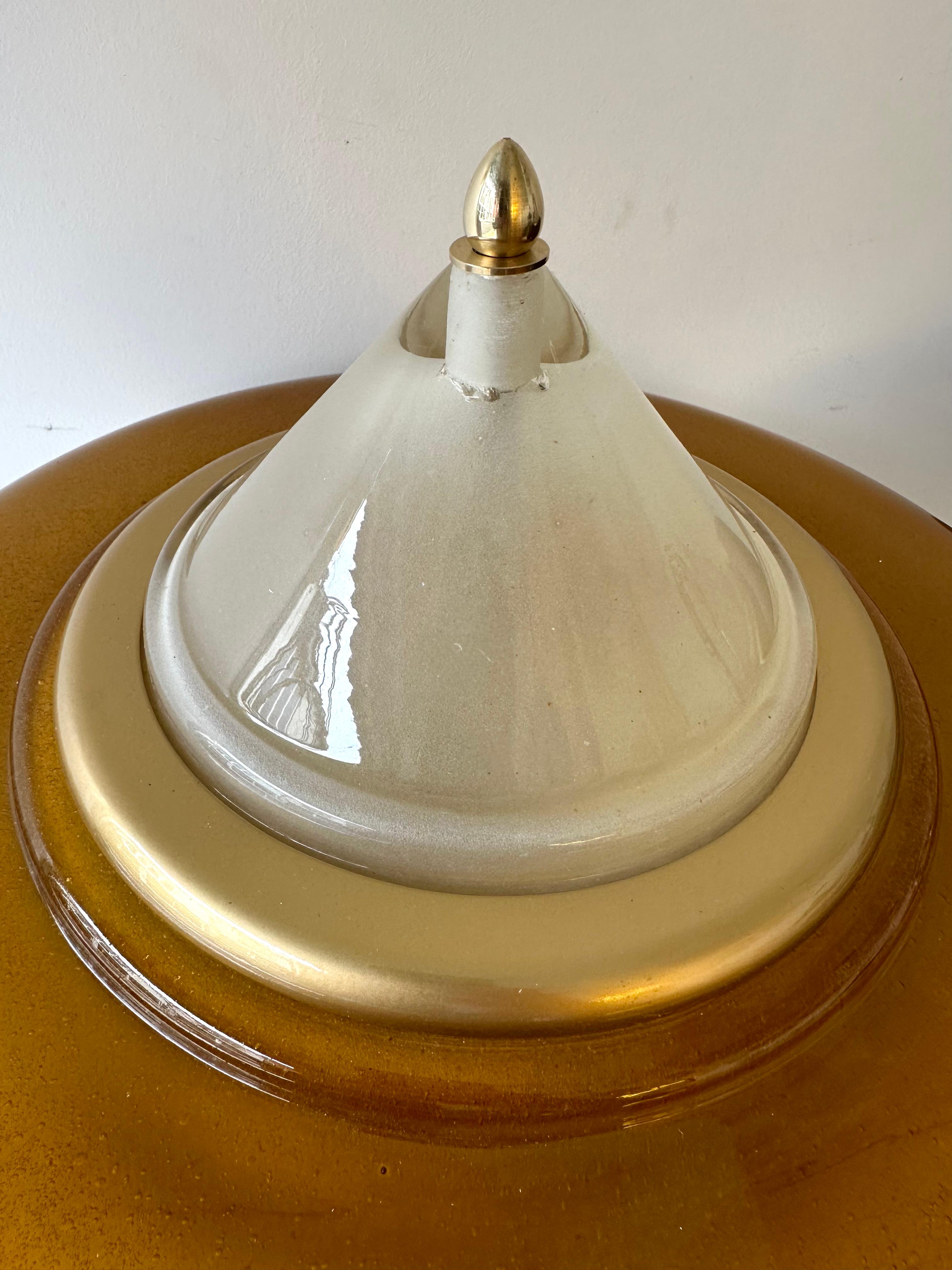 Italian Contemporary Pair of Brass Mushroom Amber Murano Glass Lamps, Italy