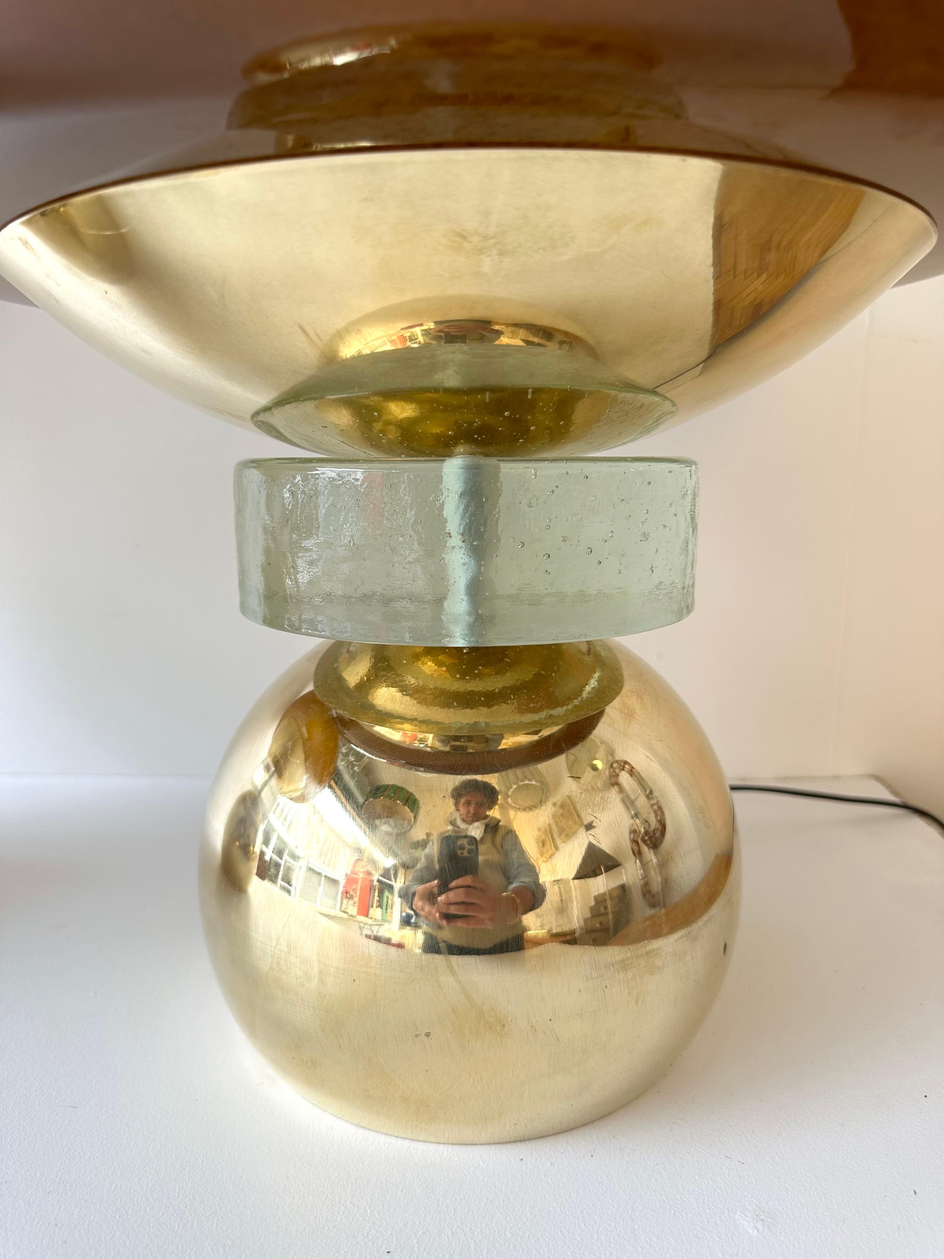 Contemporary Pair of Brass Mushroom Amber Murano Glass Lamps, Italy 1