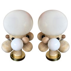 Contemporary Pair of Brass Opaline Murano Glass and Wood Atomo Lamps, Italy