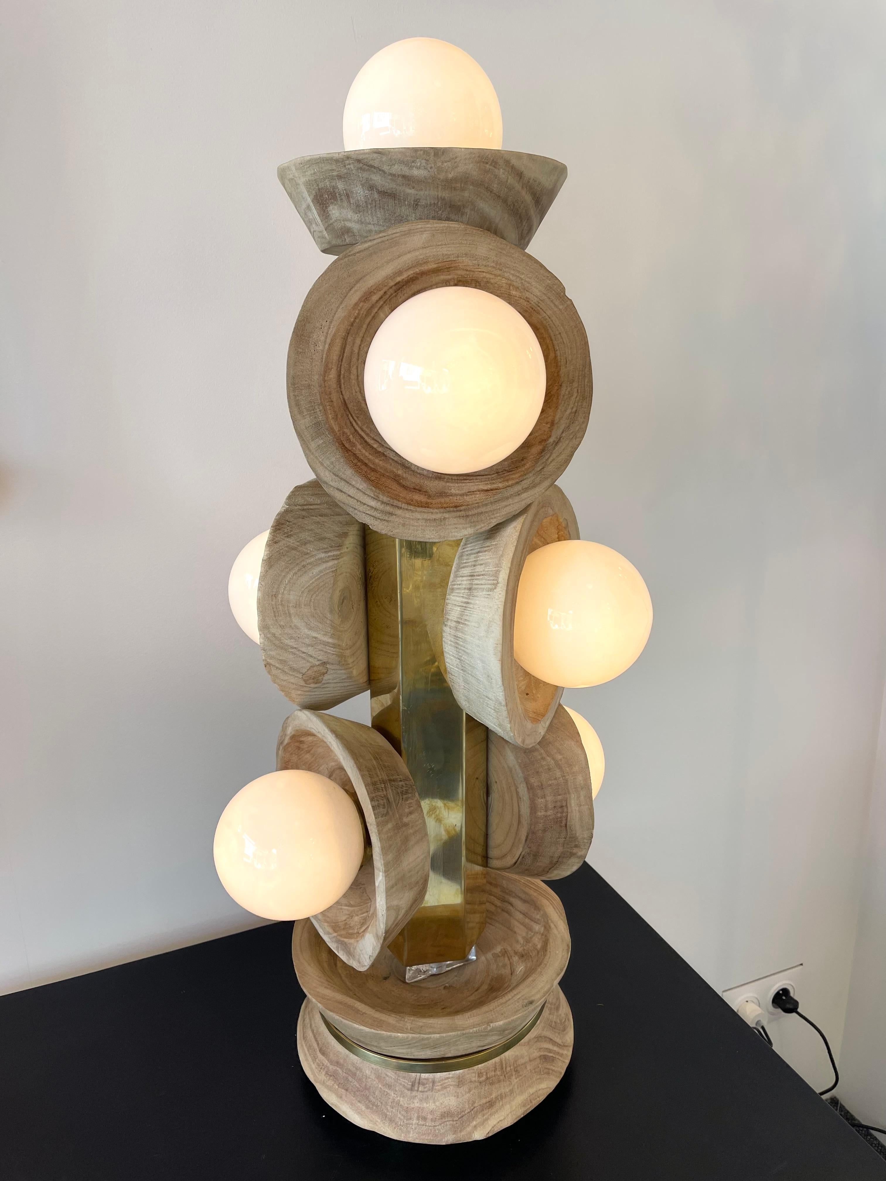 Contemporary Pair of Brass Opaline Murano Glass and Wood Lamps, Italy For Sale 3
