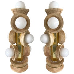 Contemporary Pair of Brass Opaline Murano Glass and Wood Lamps, Italy