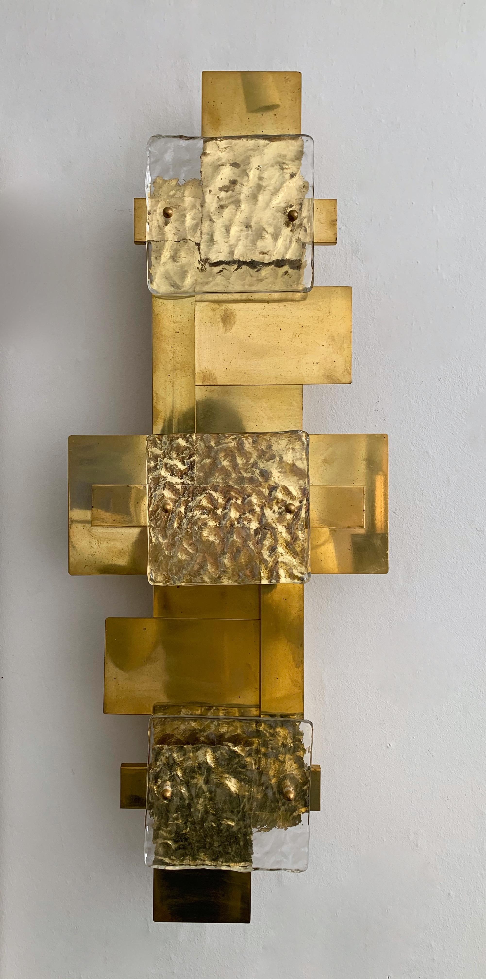 Pair of sconces wall lamps light panels or ceiling flushmount chandelier. Contemporary work, small Italian workshop, few exclusive production. Full brass and Murano glass. In the style of Reggiani, Sciolari, Palwa, Kinkeldey, Hollywood Regency,