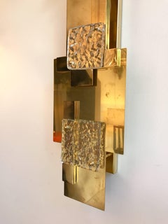 Large Contemporary Pair of Brass Sconces Geometrical Murano Glass, Italy