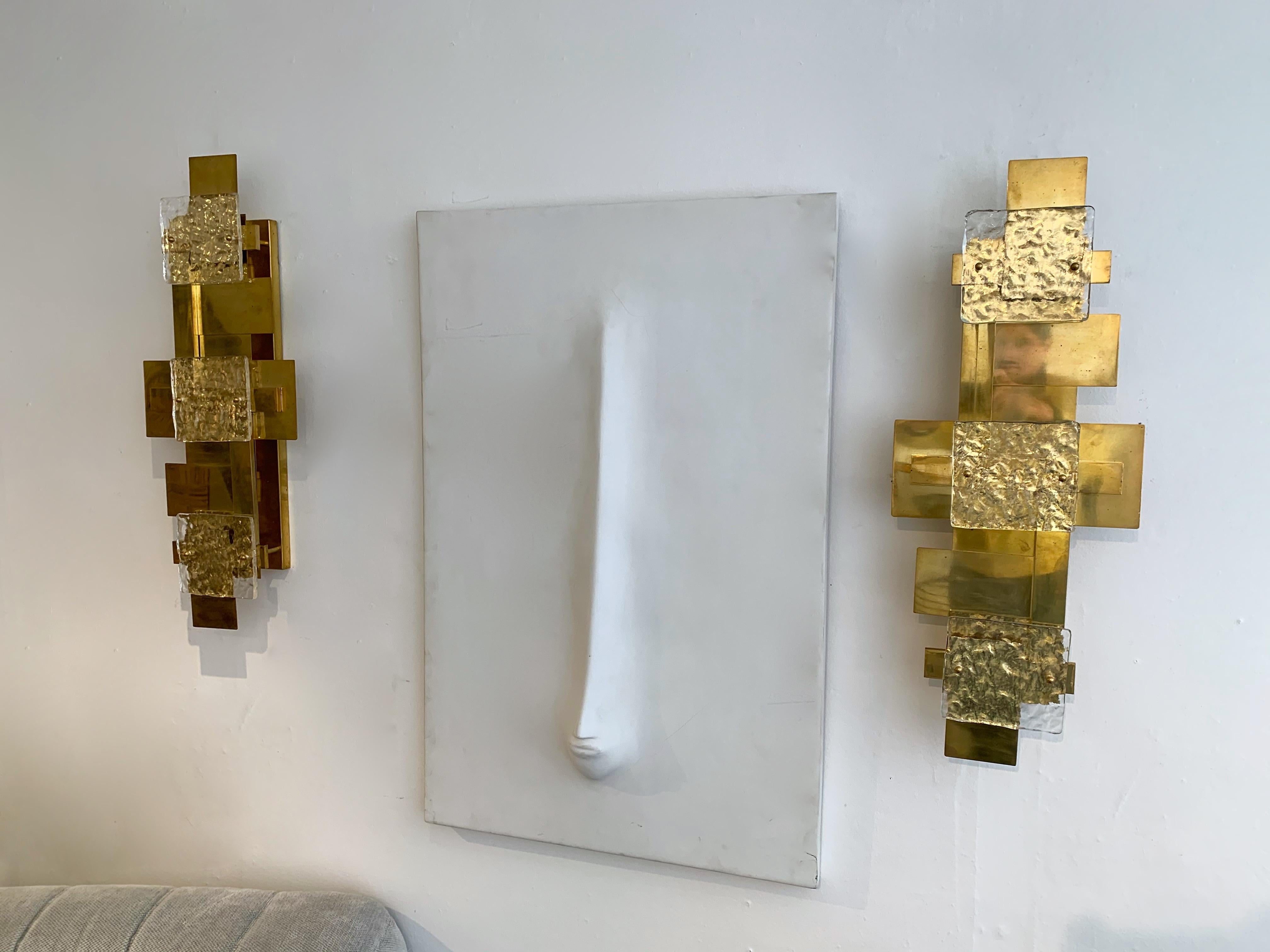 Mid-Century Modern Contemporary Pair of Brass Sconces Geometrical Murano Glass, Italy For Sale