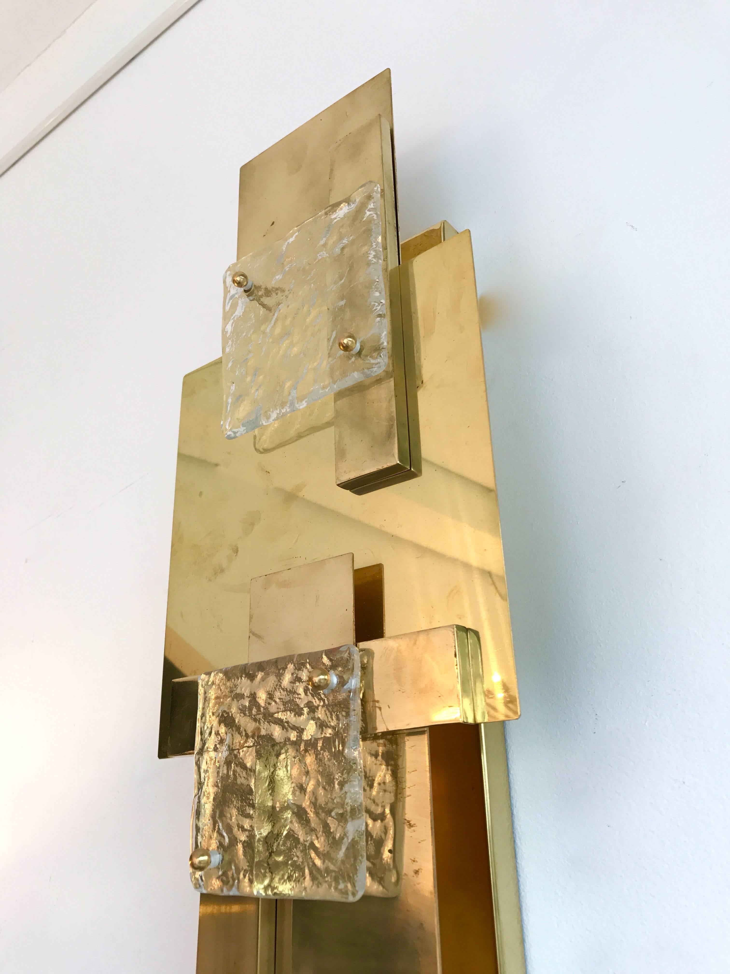 Italian Contemporary Pair of Brass Sconces Geometrical Murano Glass, Italy For Sale