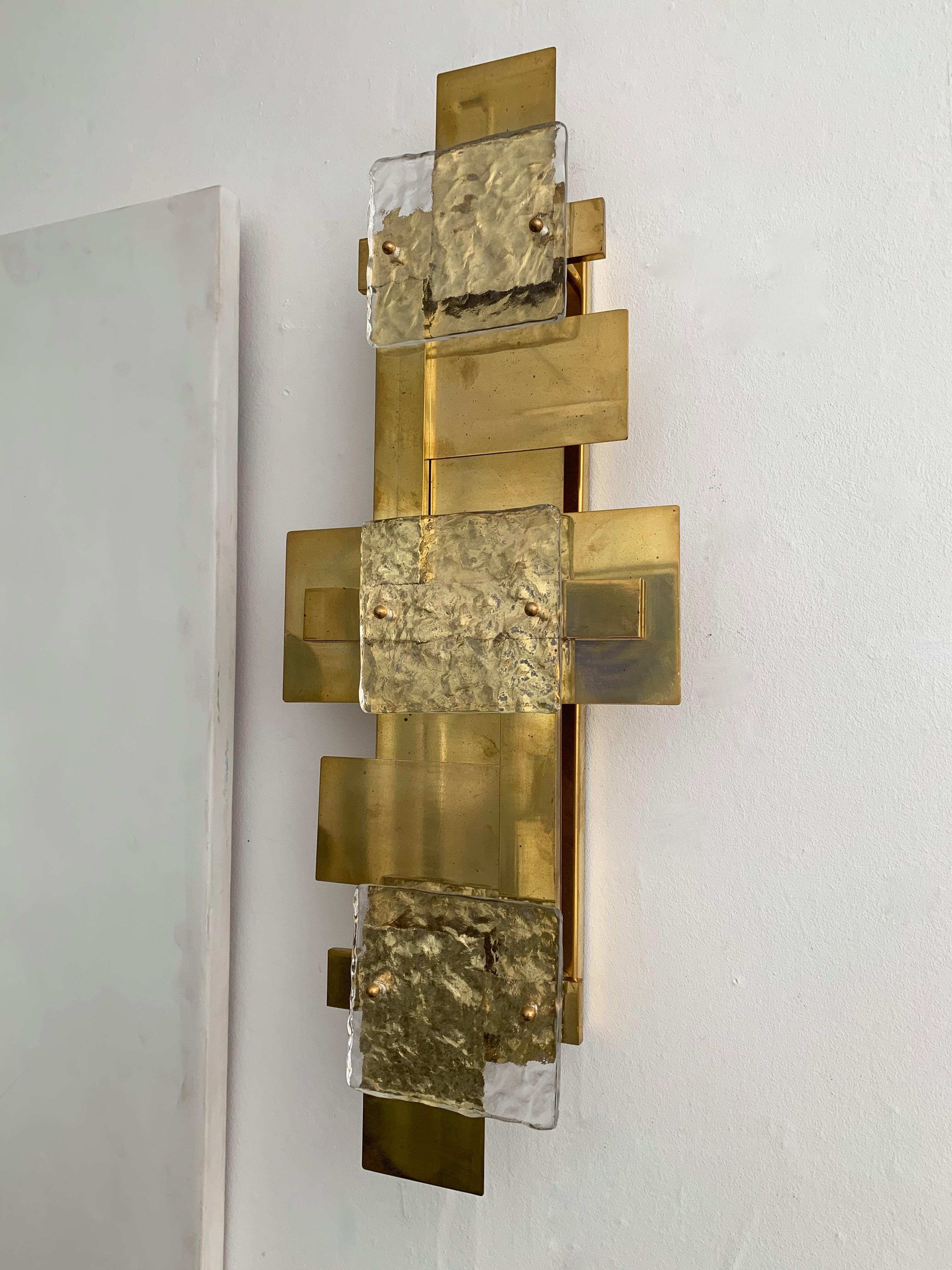Italian Contemporary Pair of Brass Sconces Geometrical Murano Glass, Italy