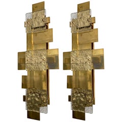 Contemporary Pair of Brass Sconces Geometrical Murano Glass, Italy