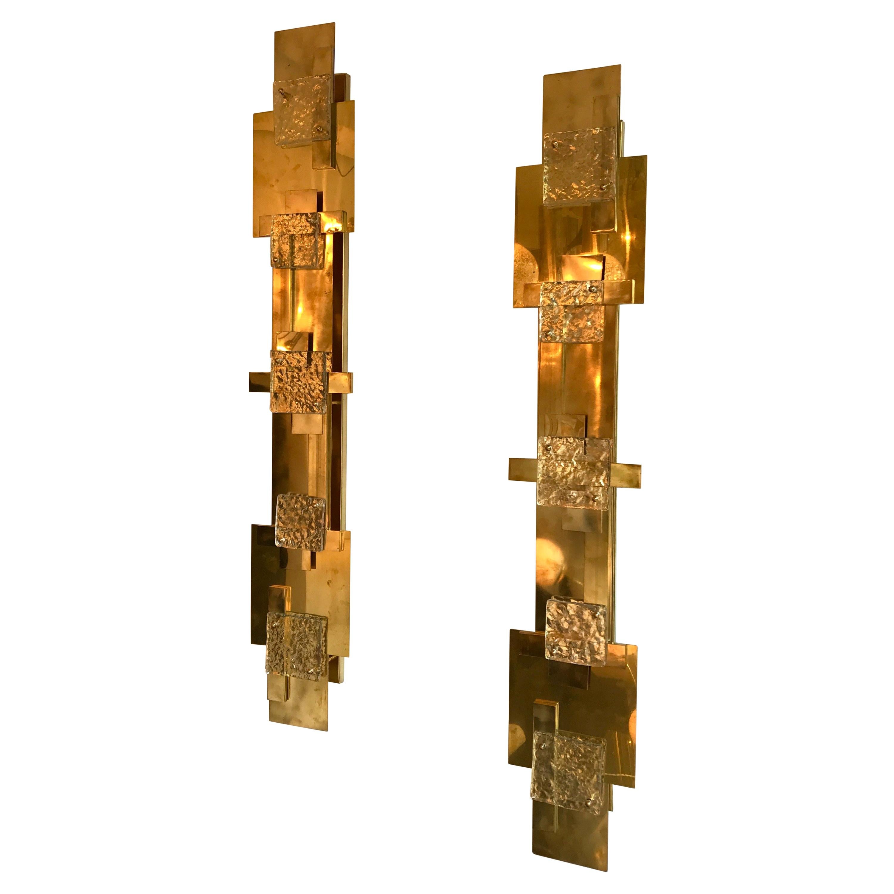 Large Contemporary Pair of Brass Sconces Geometrical Murano Glass, Italy