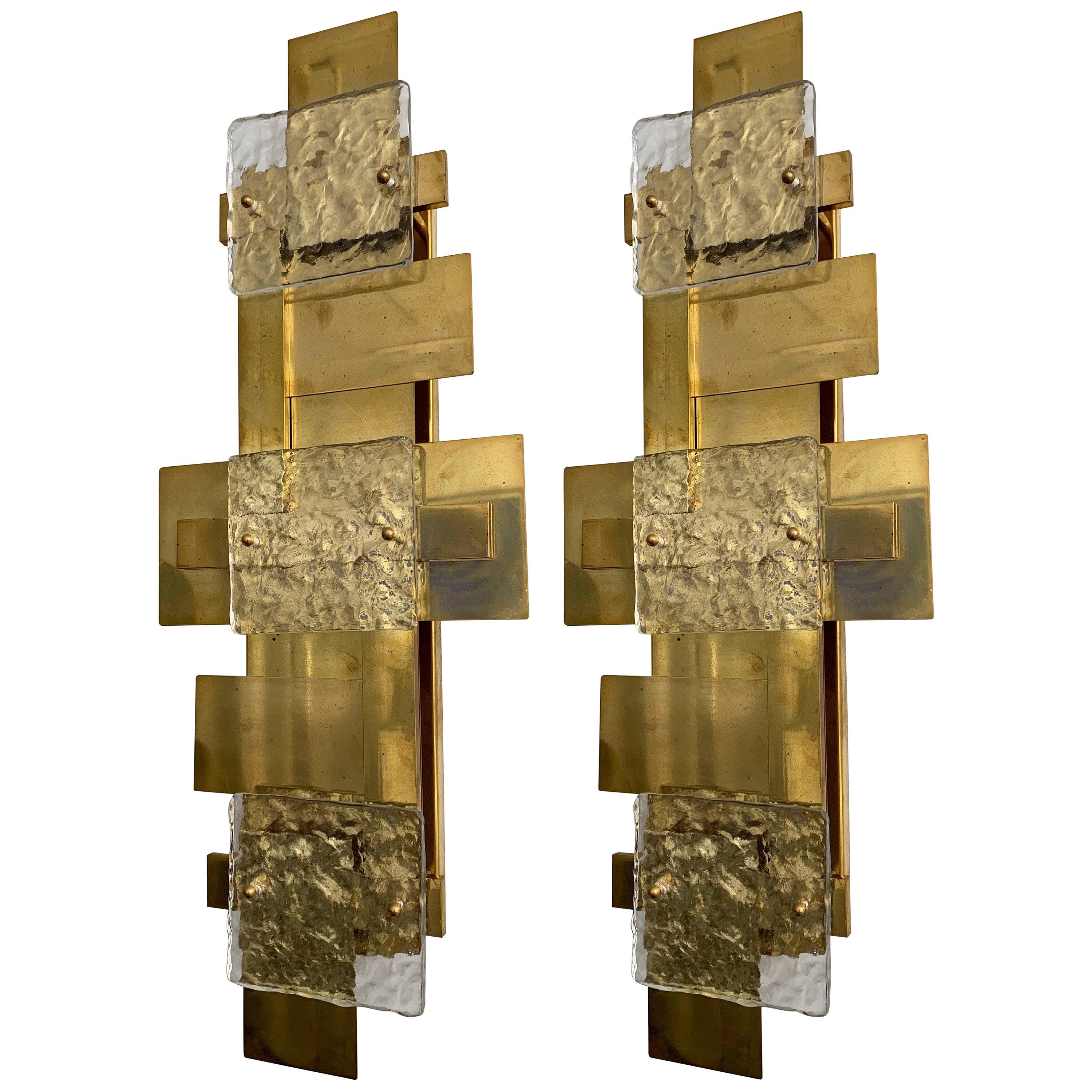 Contemporary Pair of Brass Sconces Geometrical Murano Glass, Italy For Sale