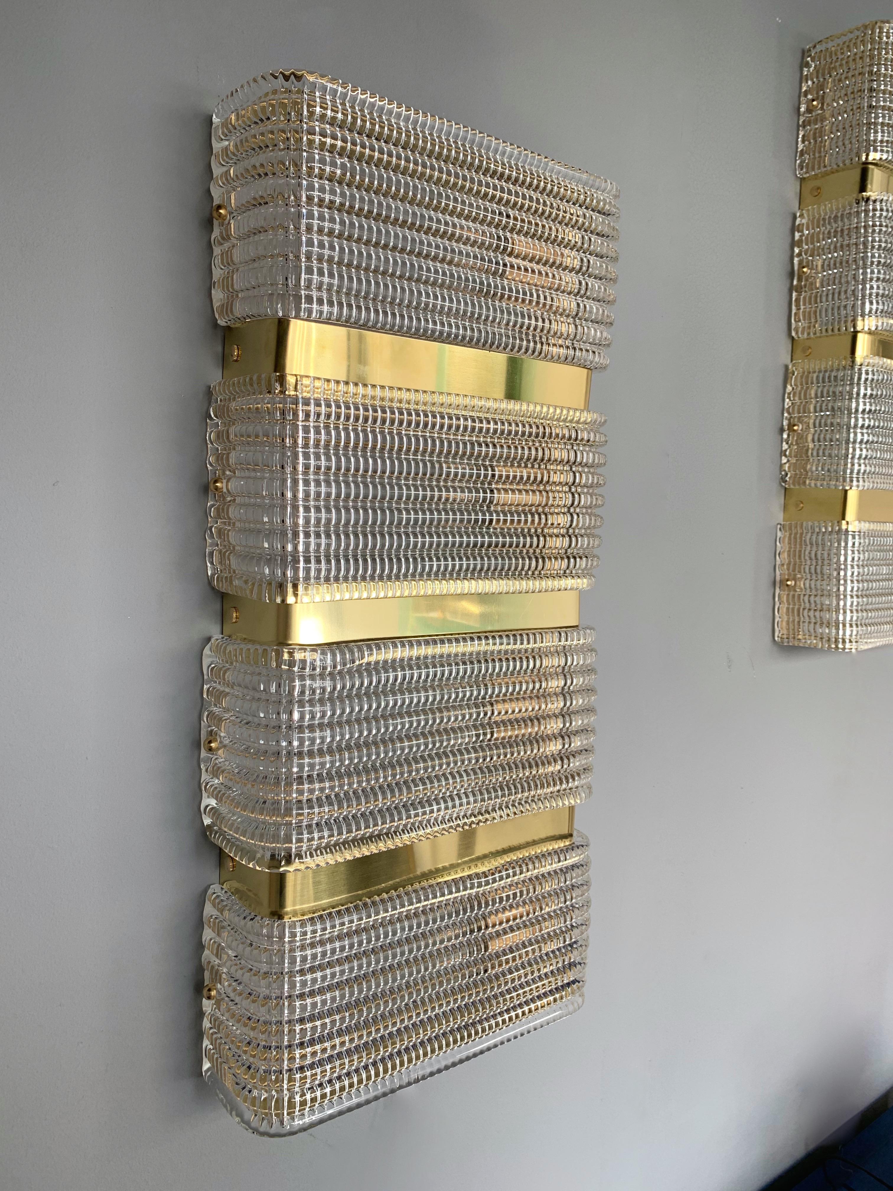 Pair of brass wall lights sconces, nice Murano glass diffusor, neo industrial elegant style. In the style of Perzel, Mazzega, Vistosi, Venini, La Murrina, Carlo Aldo Nason.