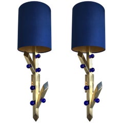 Contemporary Pair of Brass Sconces Plant Murano Glass, Italy