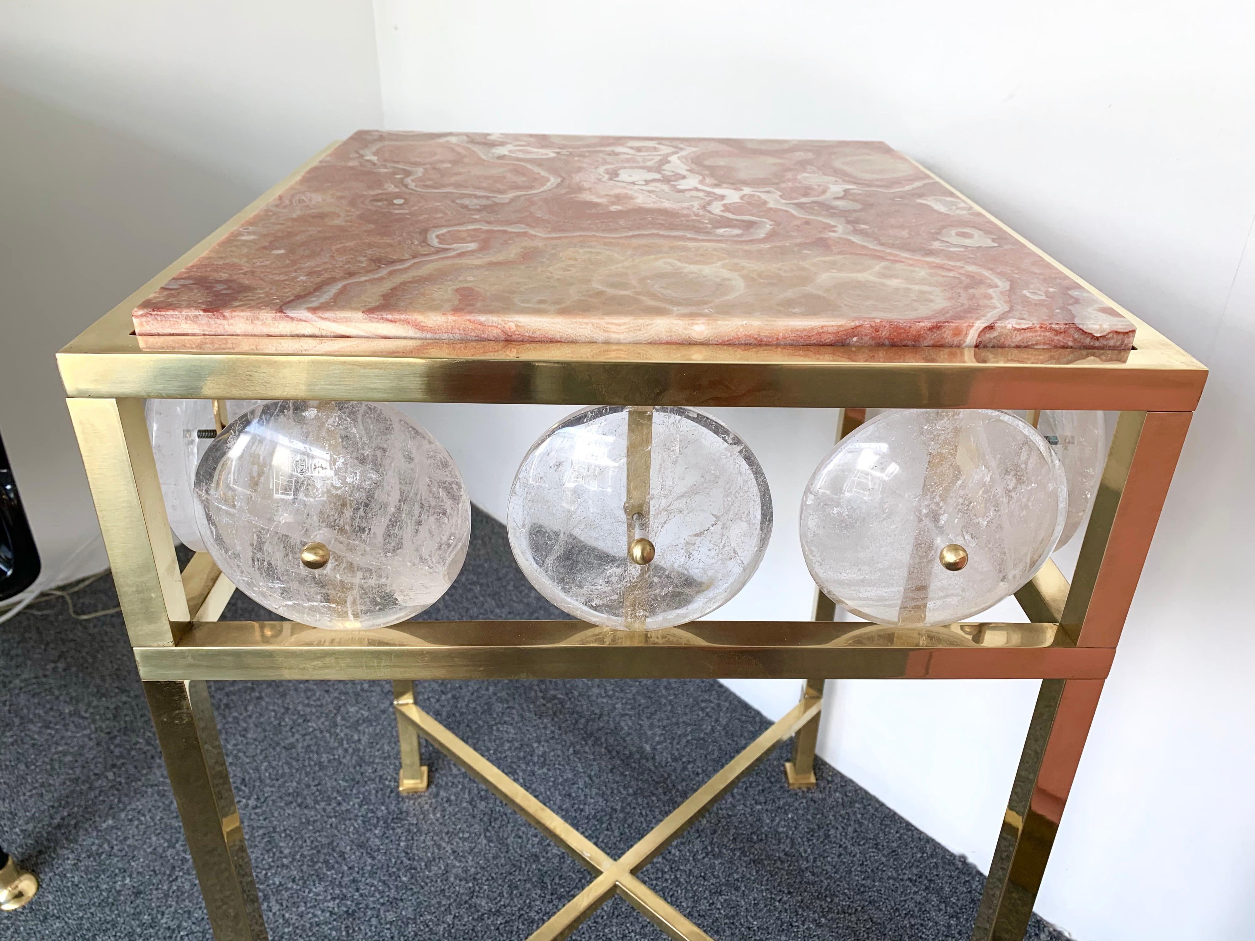 Contemporary Pair of Brass Side Table Rock Crystal Onix, Italy 1