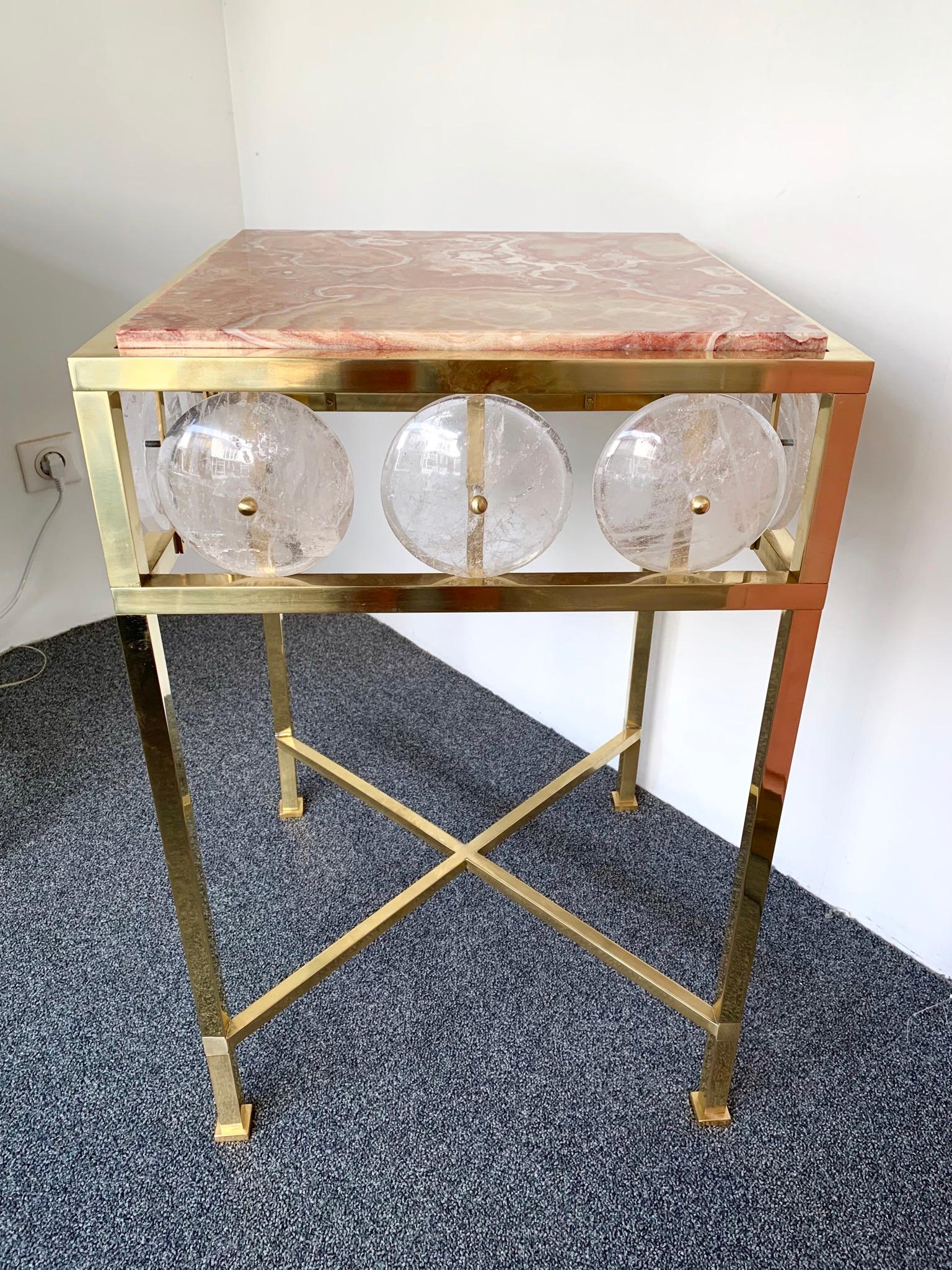 Contemporary Pair of Brass Side Table Rock Crystal Onix, Italy 2