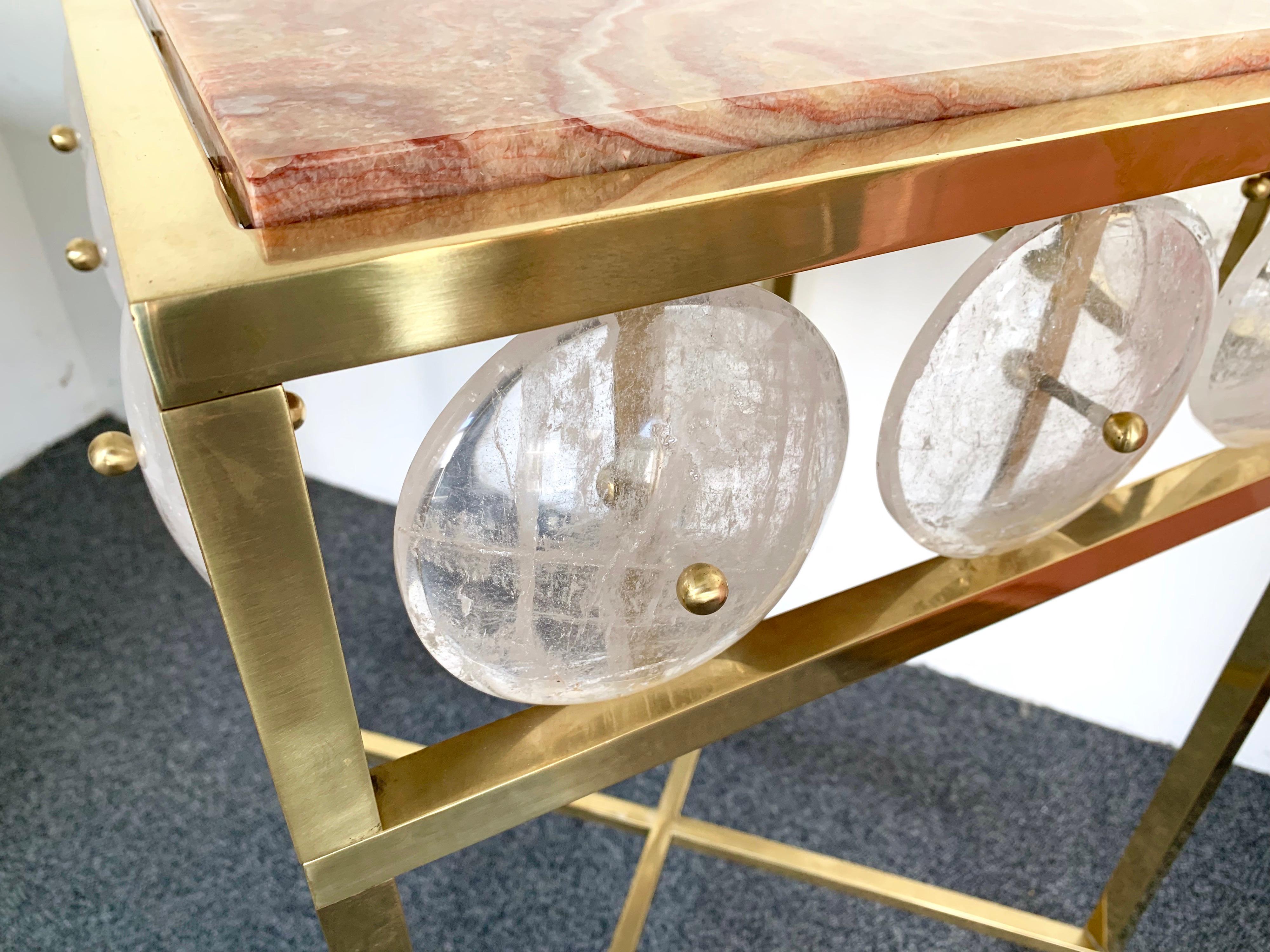 Contemporary Pair of Brass Side Table Rock Crystal Onix, Italy 3