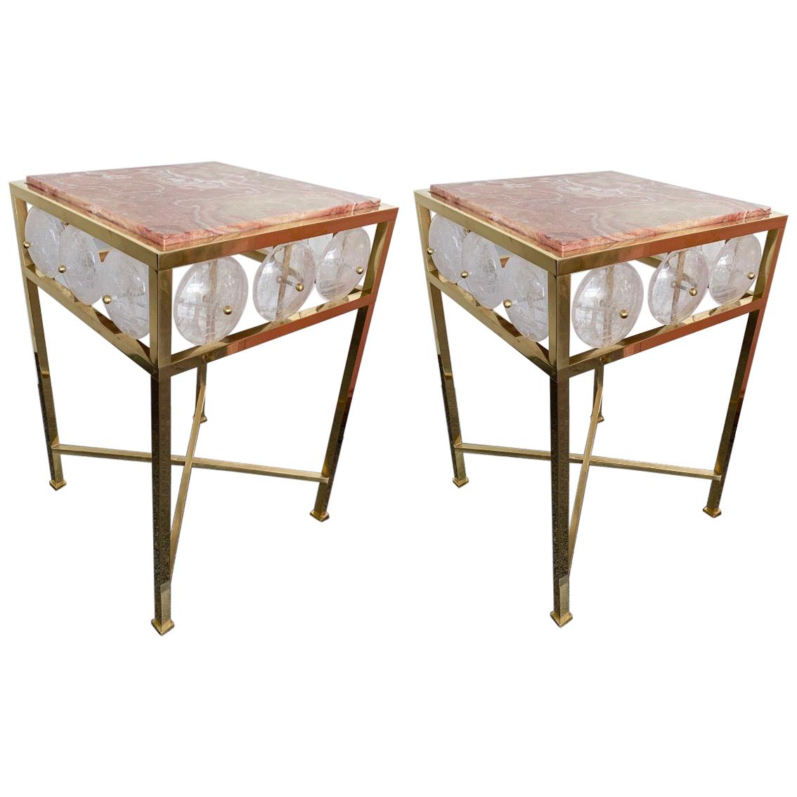 Contemporary Pair of Brass Side Table Rock Crystal Onix, Italy