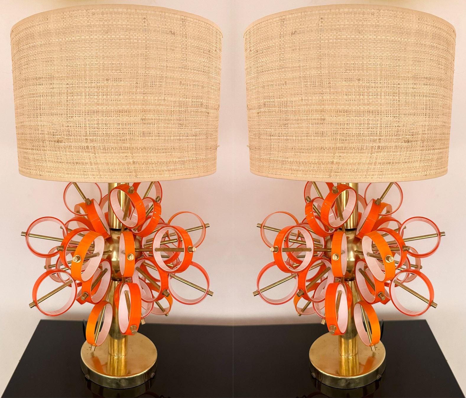 Contemporary Pair of Brass Sputnik Rings Murano Glass Lamps , Italy For Sale 6