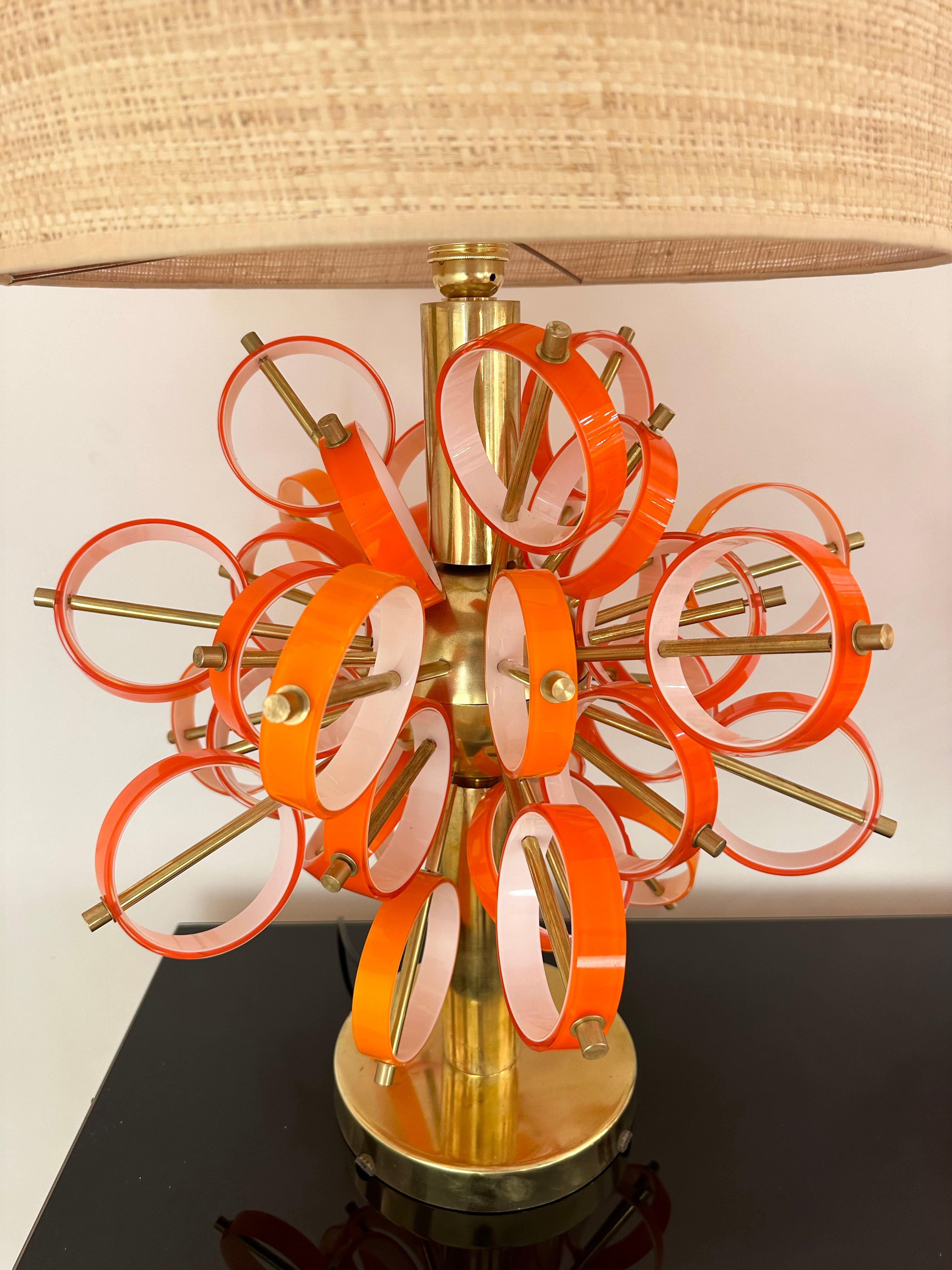 Mid-Century Modern Contemporary Pair of Brass Sputnik Rings Murano Glass Lamps , Italy For Sale