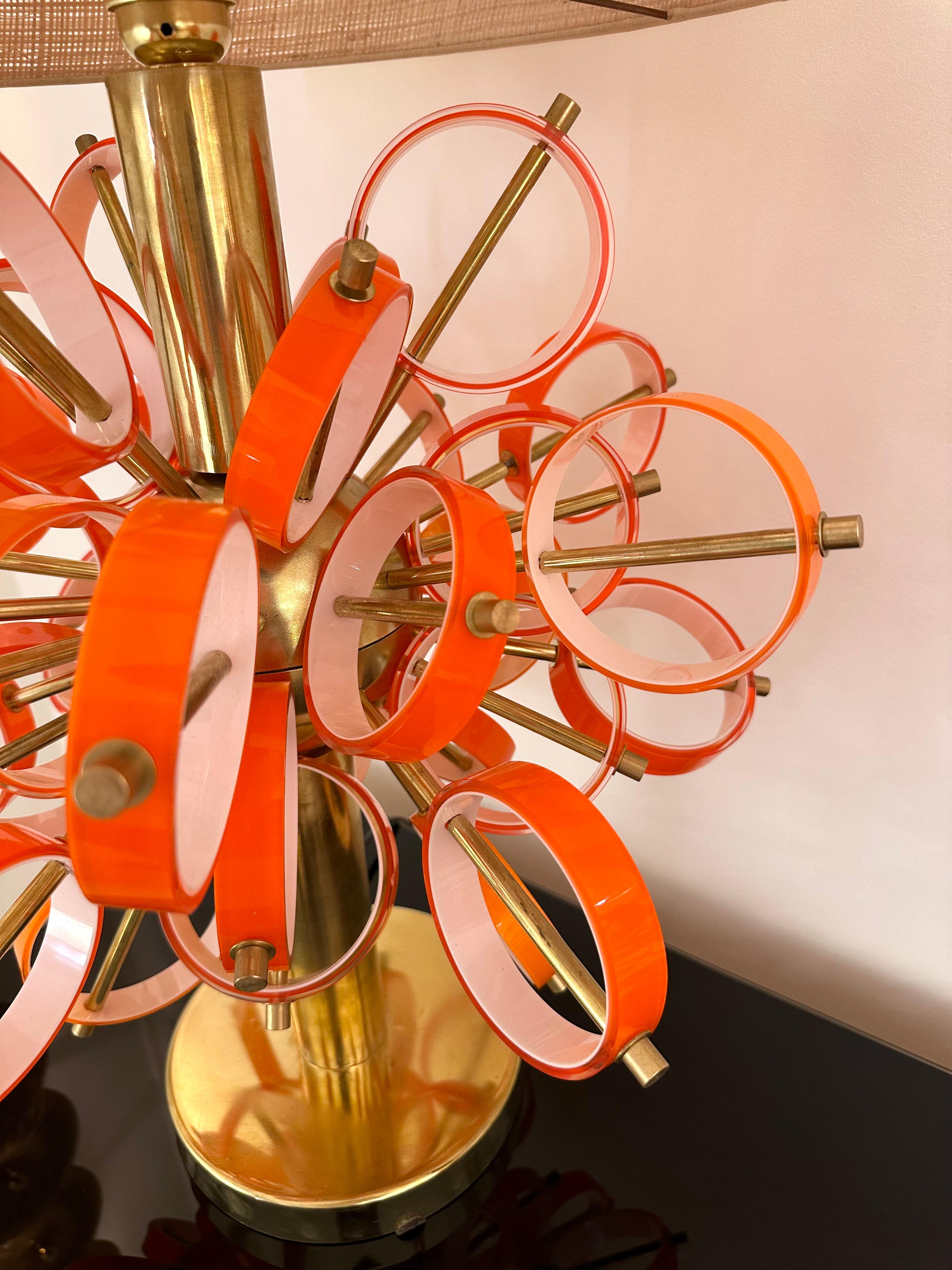 Italian Contemporary Pair of Brass Sputnik Rings Murano Glass Lamps , Italy For Sale