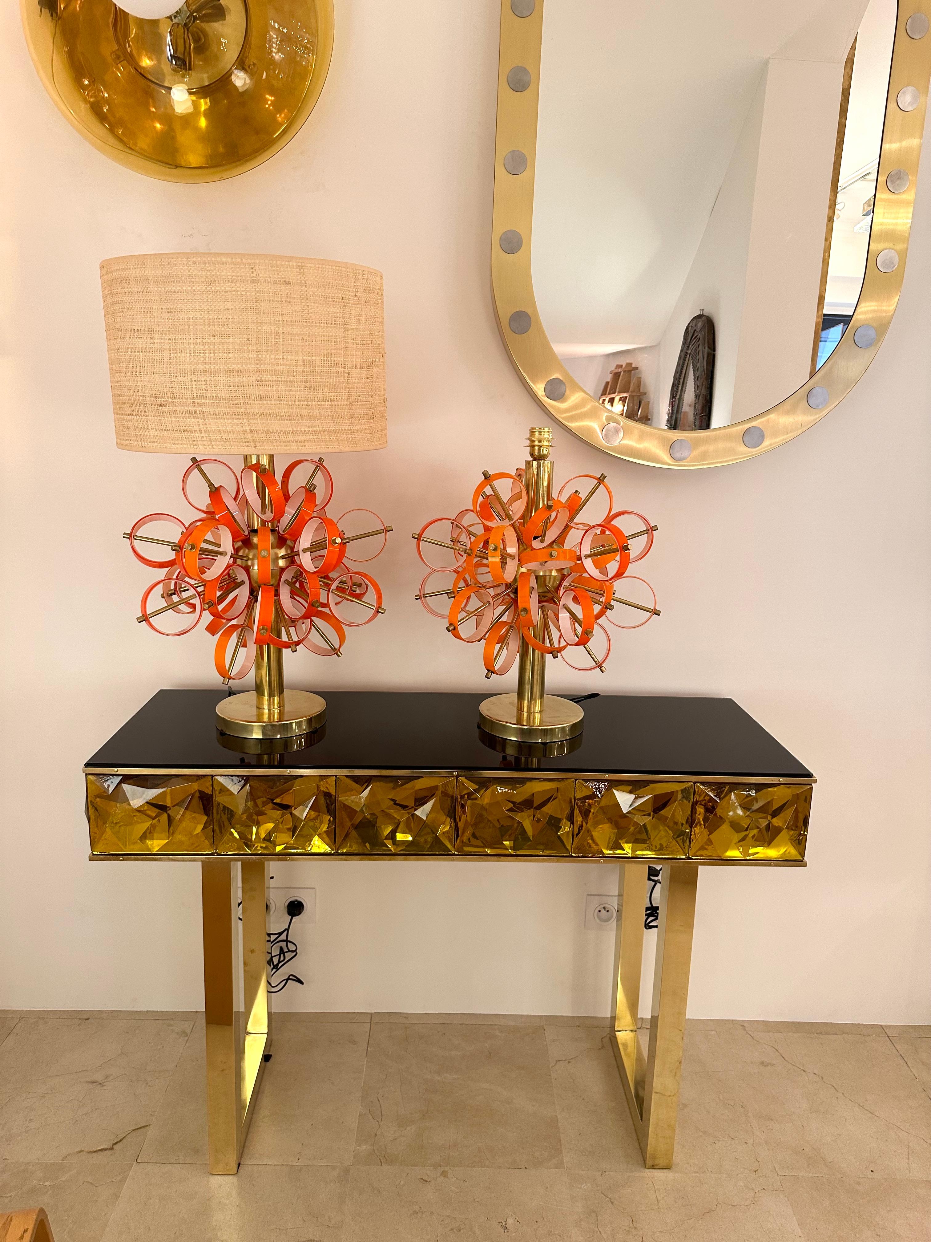Contemporary Pair of Brass Sputnik Rings Murano Glass Lamps , Italy For Sale 1