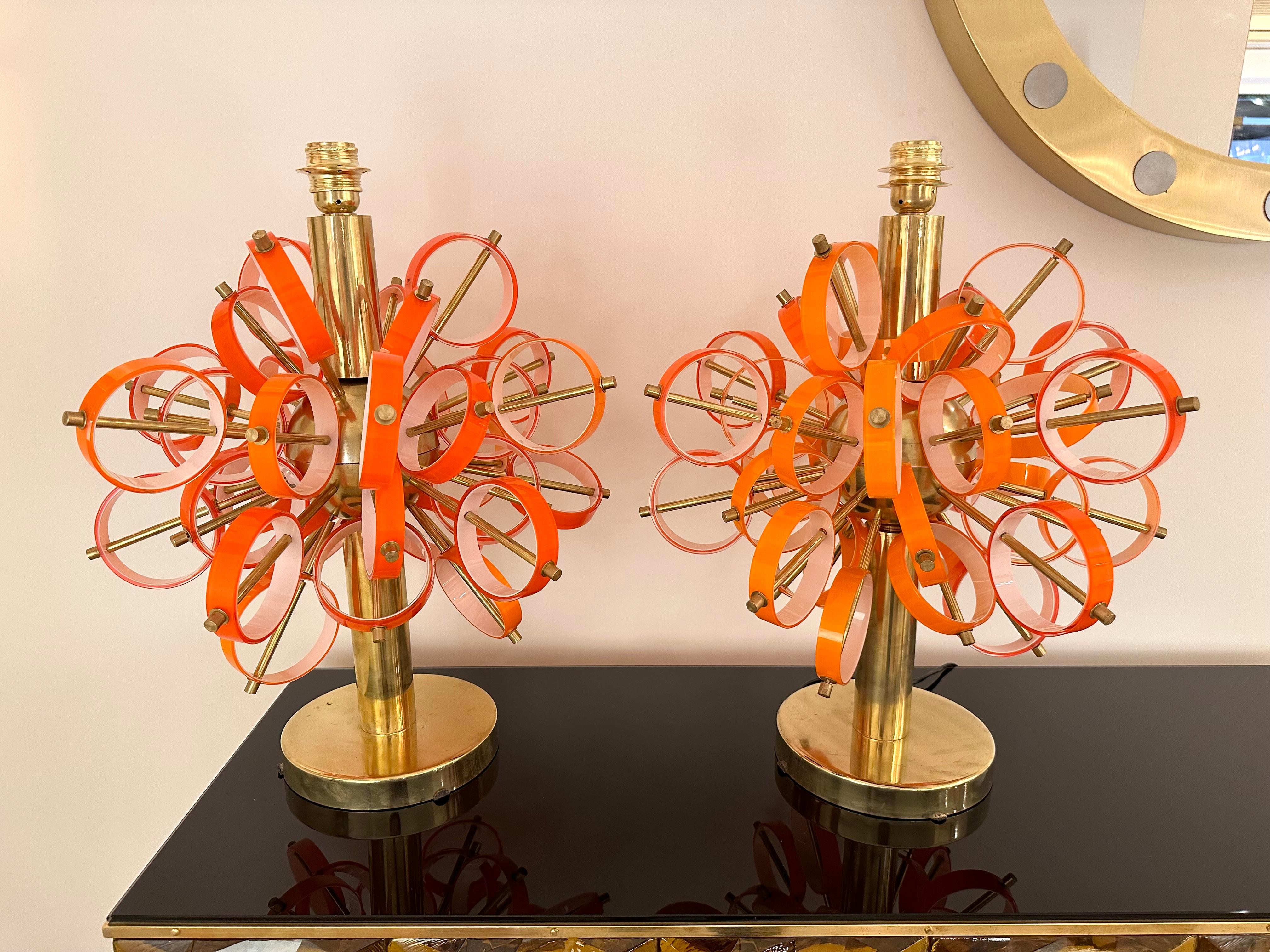 Contemporary Pair of Brass Sputnik Rings Murano Glass Lamps , Italy For Sale 3