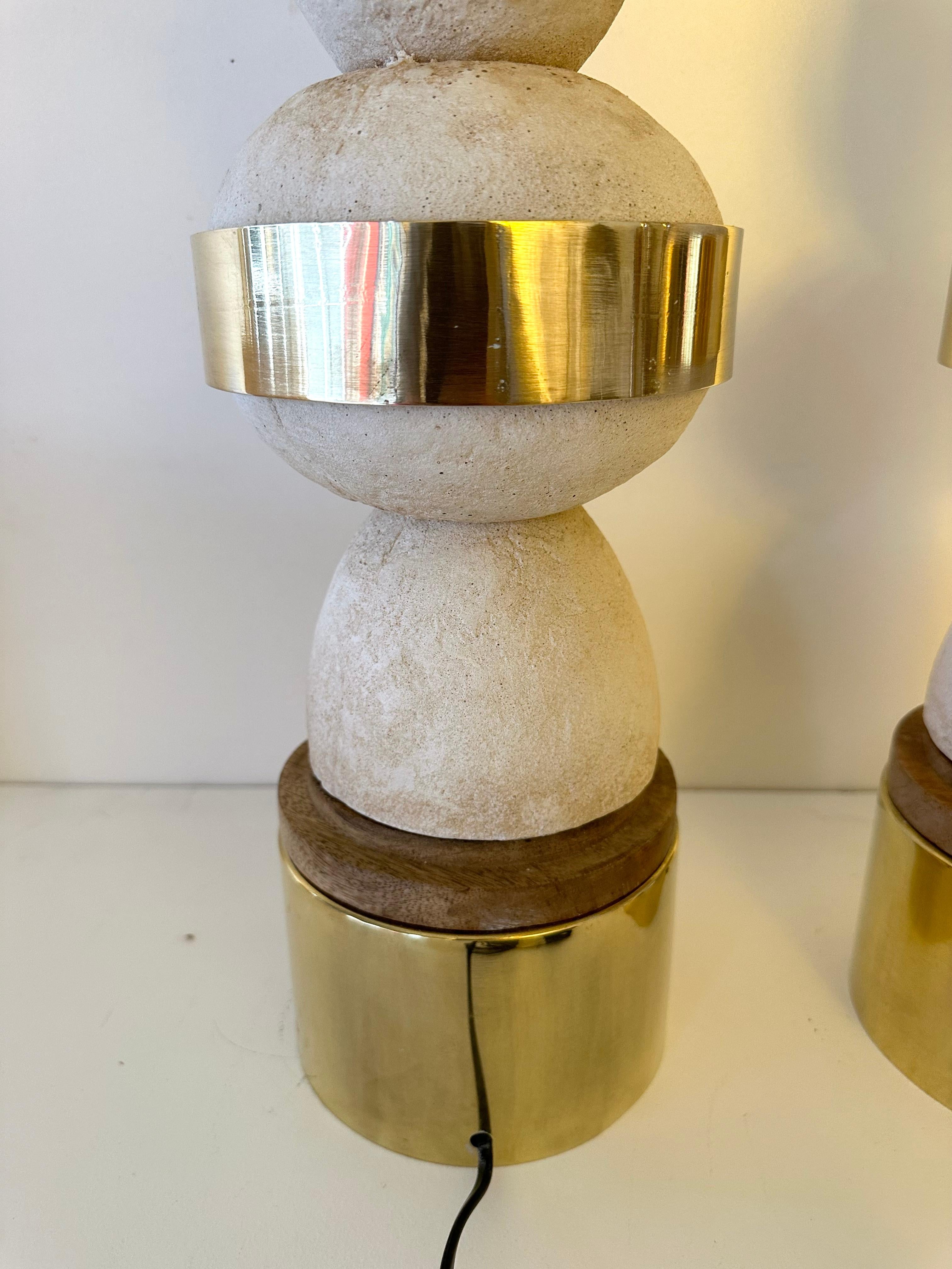 Italian Contemporary Pair of Brass, Wood and Concrete Cast Stone Lamps, Italy