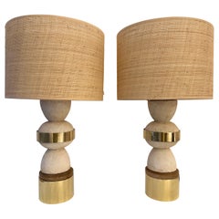 Contemporary Pair of Brass, Wood and Concrete Cast Stone Lamps, Italy
