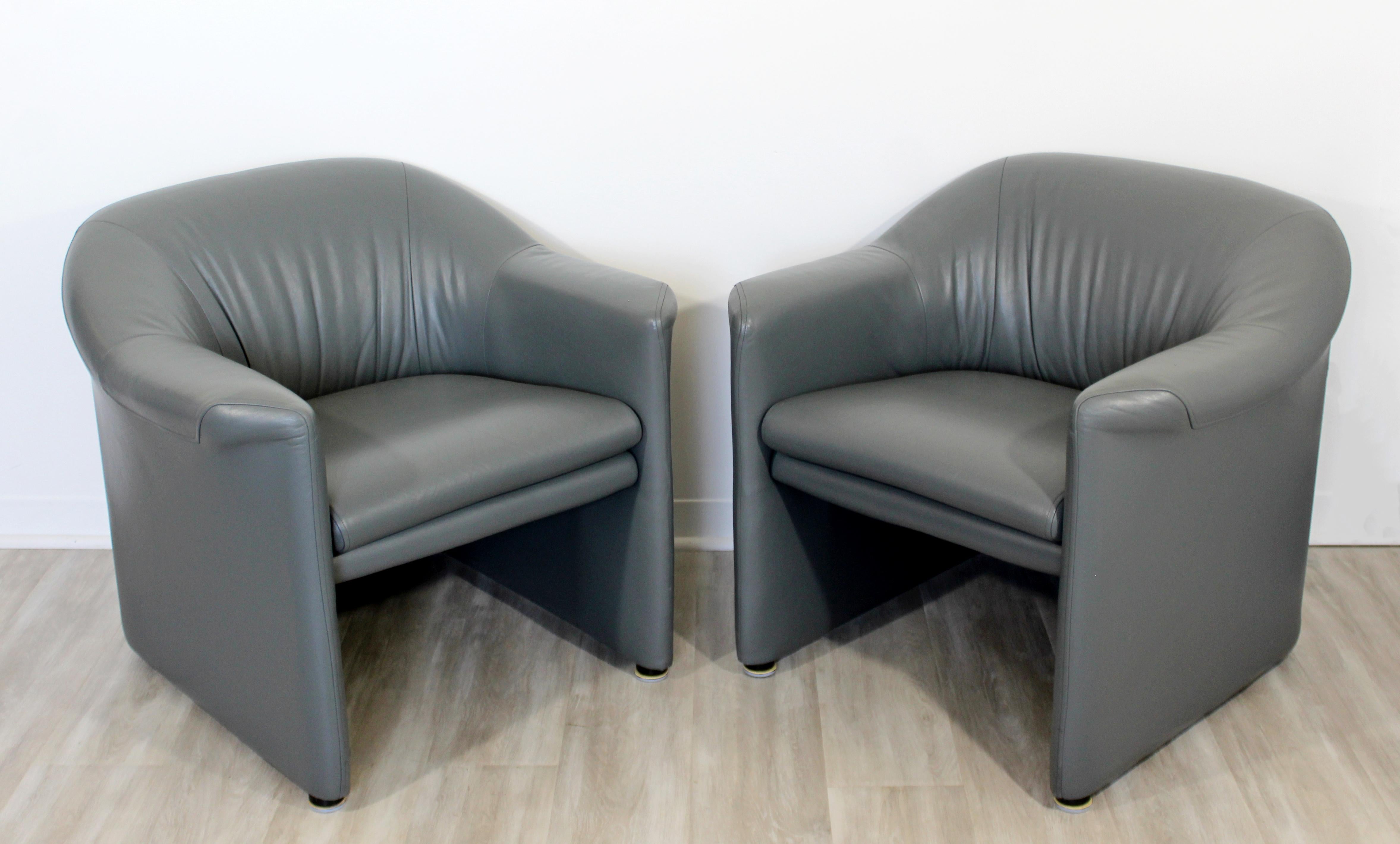 For your consideration is a gorgeous pair of gray leather lounge chairs, Brayton for Metropolitan Furniture Company, circa 1990s. In excellent condition. The dimensions are 31